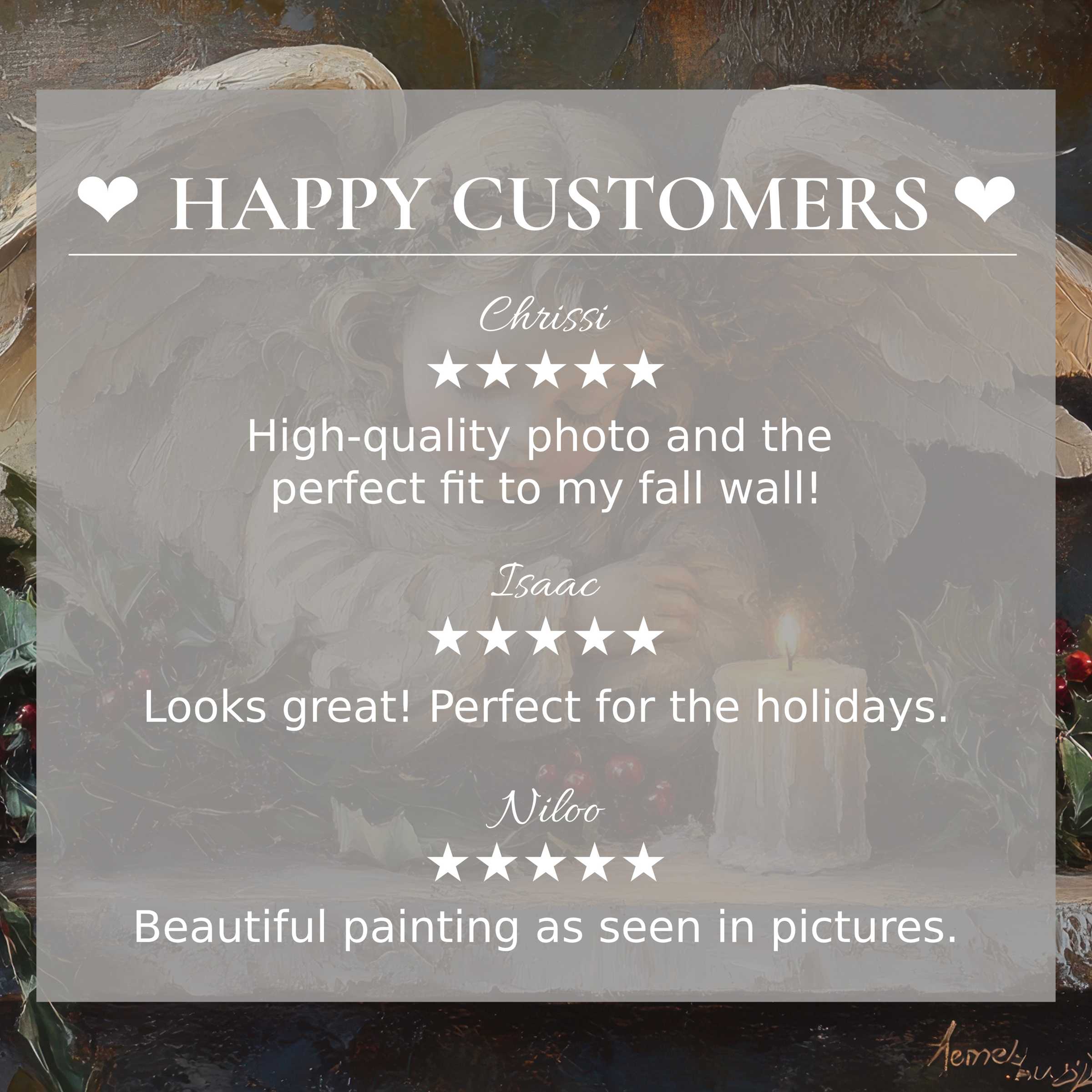 Happy customer reviews overlay an elegant candlelit angel painting, promoting refined christmas art for Frame TV