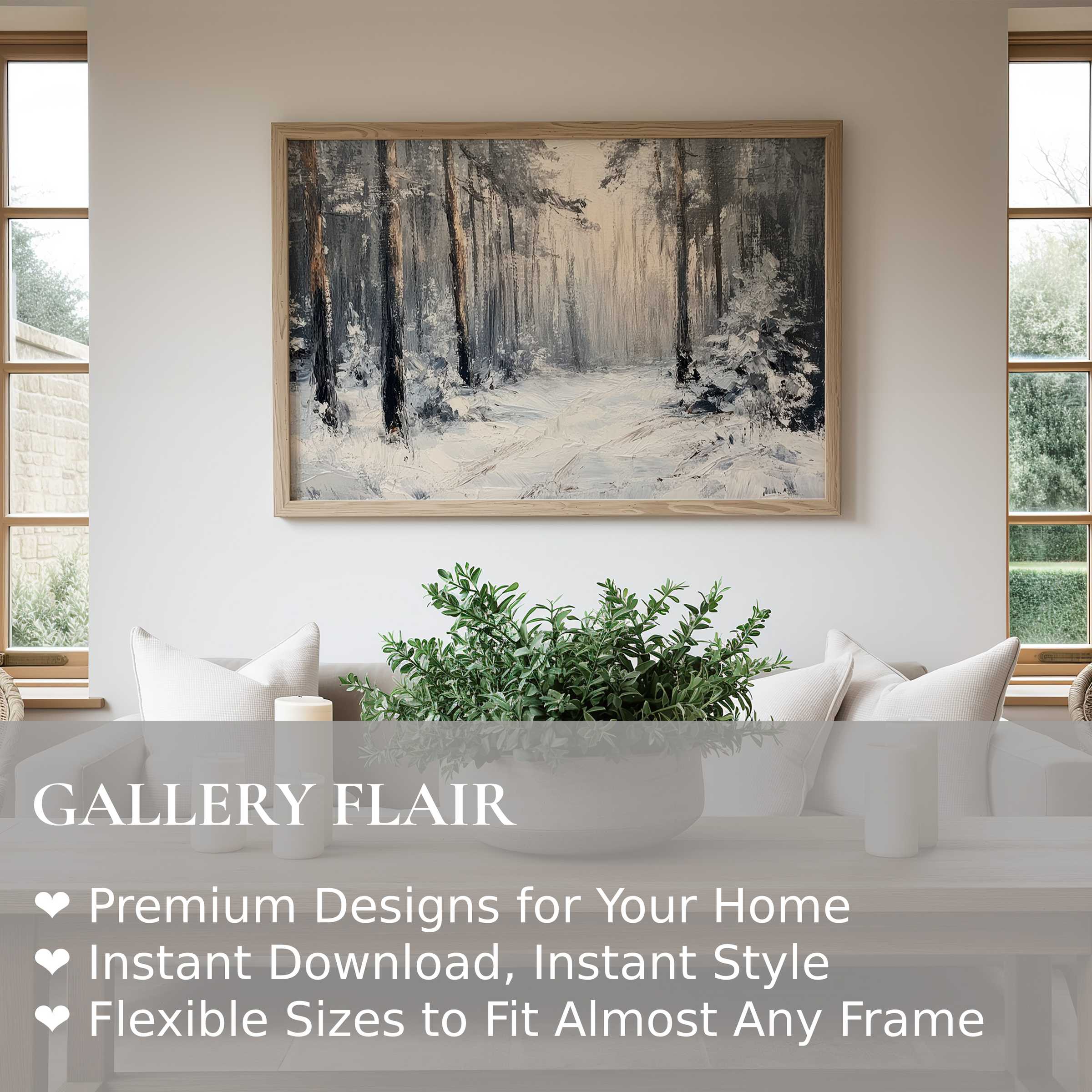 Winter wall art print showcasing a serene snow-covered forest pathway in soft, muted tones Enhances modern minimalist interiors with a calming, nature-inspired aesthetic, perfect for elevating tranquil living spaces and adding seasonal elegance