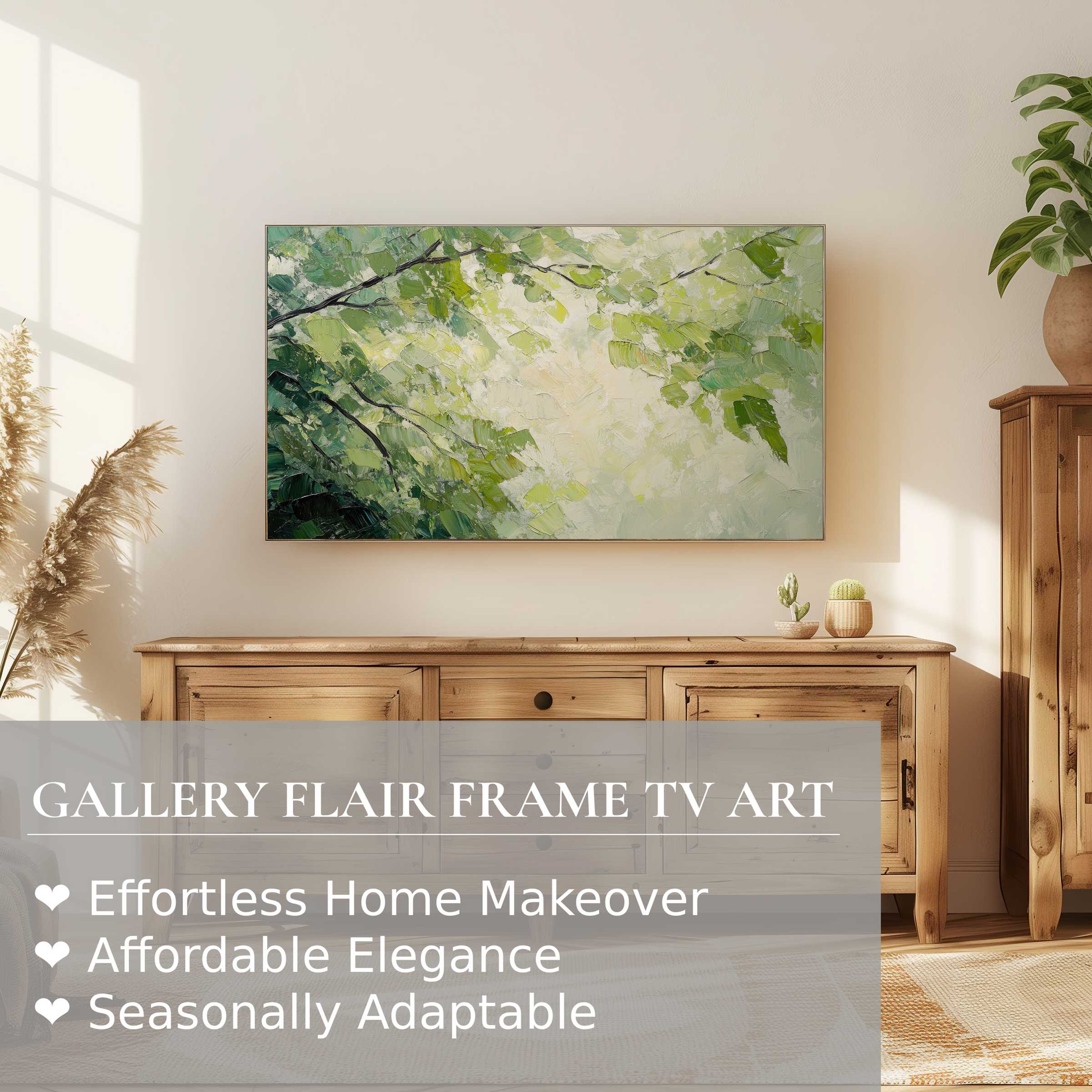 Samsung Frame TV featuring serene spring digital artwork in a modern, warm-toned living space with natural light