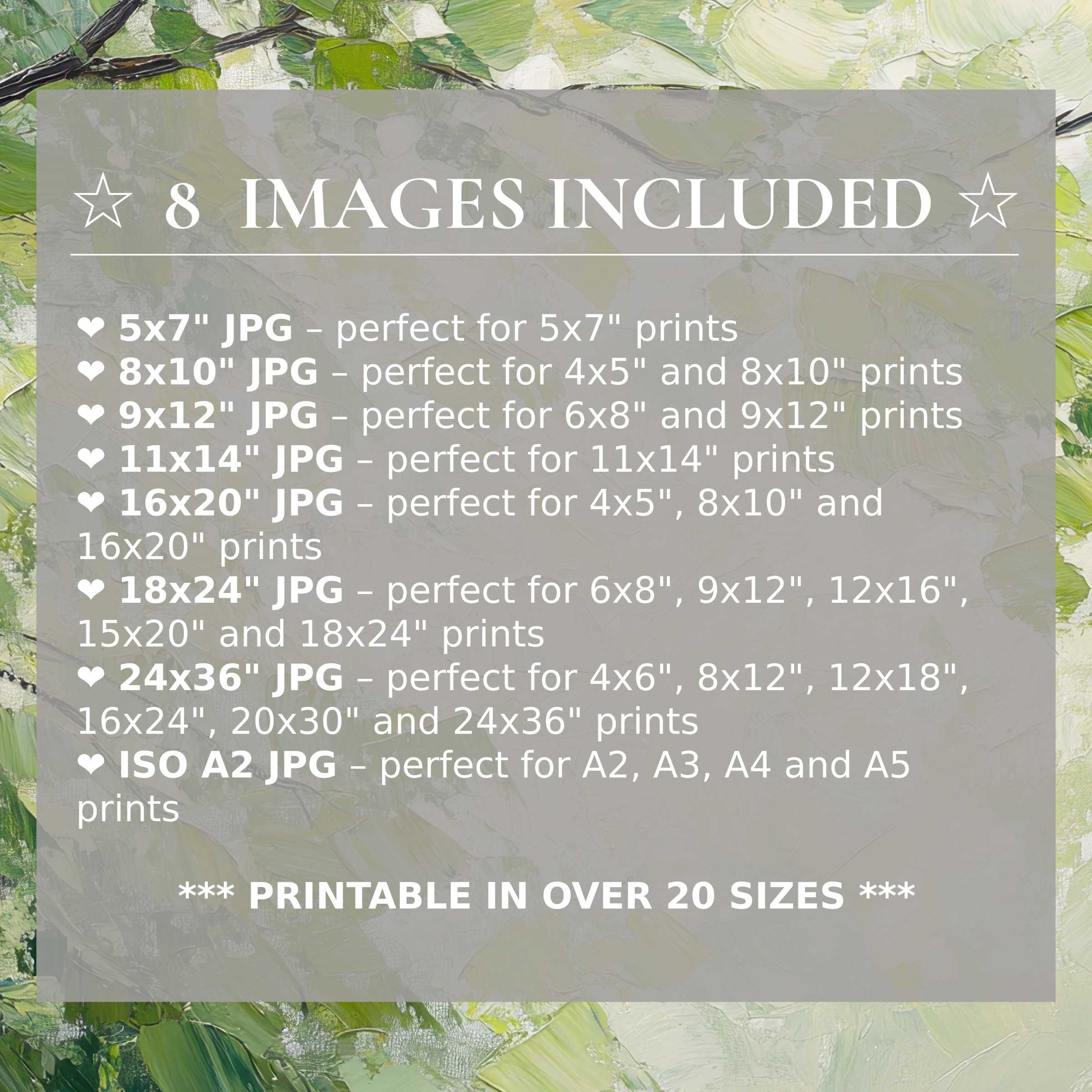 Spring digital print radiates fresh greens and delicate whites, offering 8 high-quality sizes included to elevate modern interiors with versatile elegance