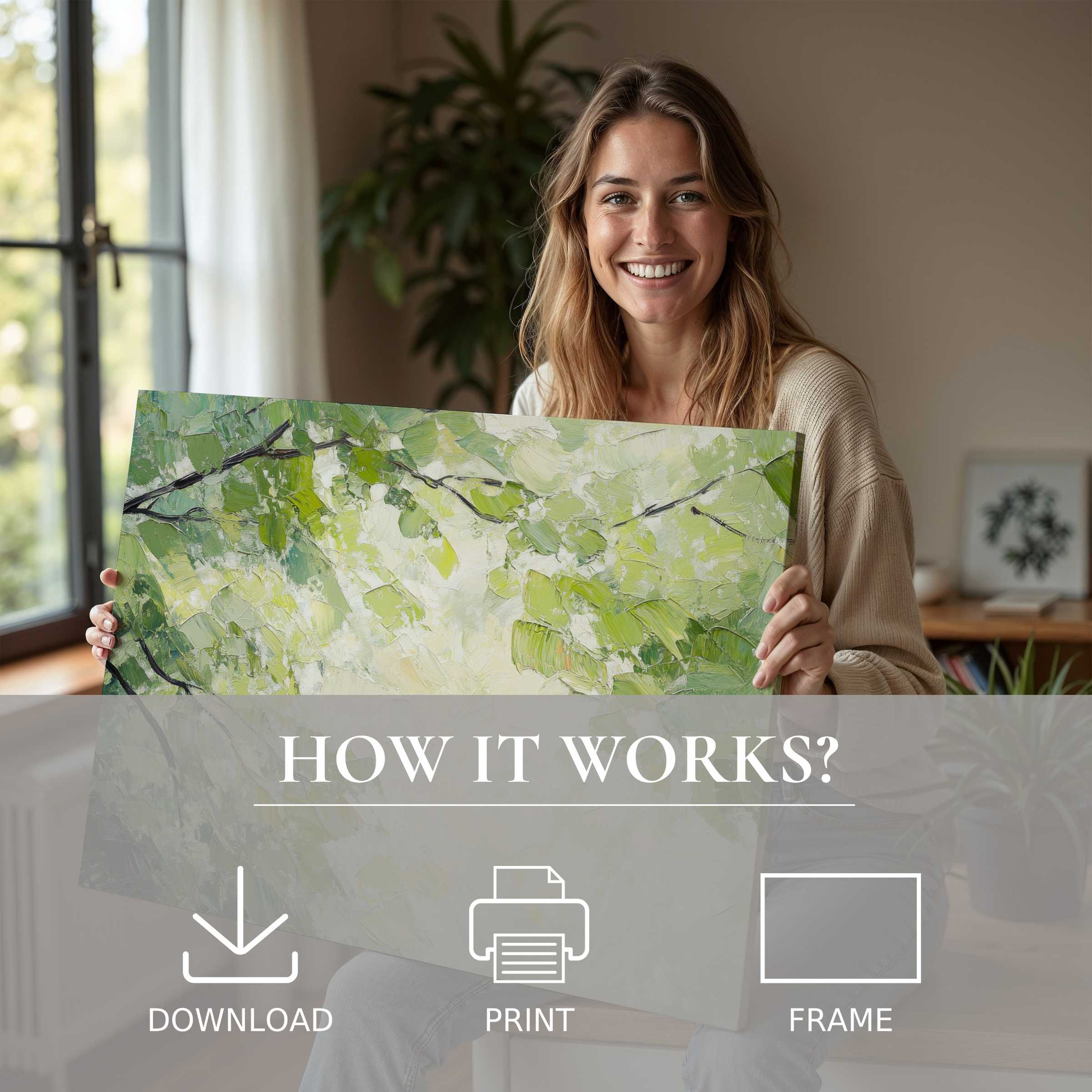 A radiant moment of joy in a modern home, where a spring digital art print breathes life and serene nature’s grace
