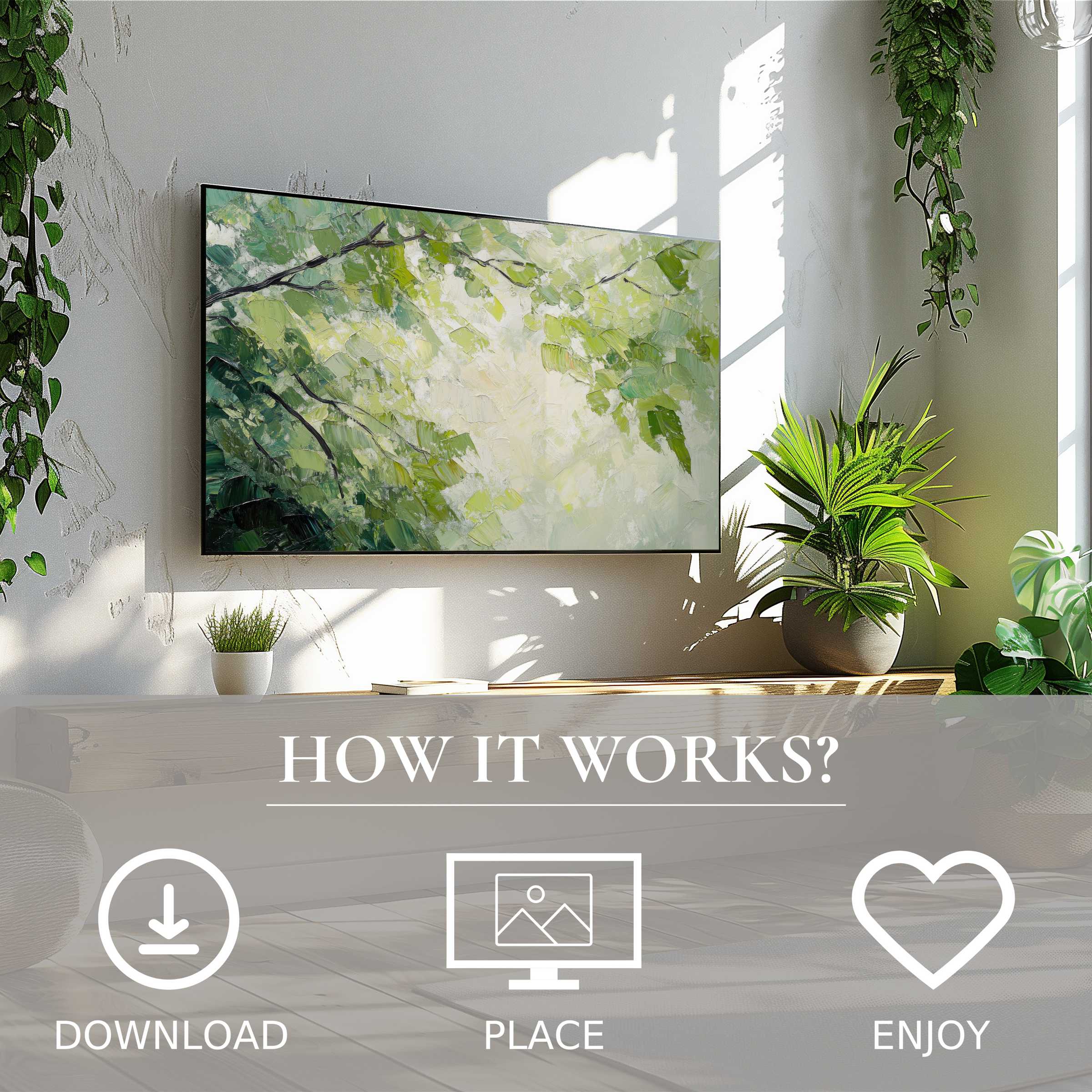 Spring art for Samsung TV shows soft green leaf flow, easy digital download enriches bright, modern living spaces