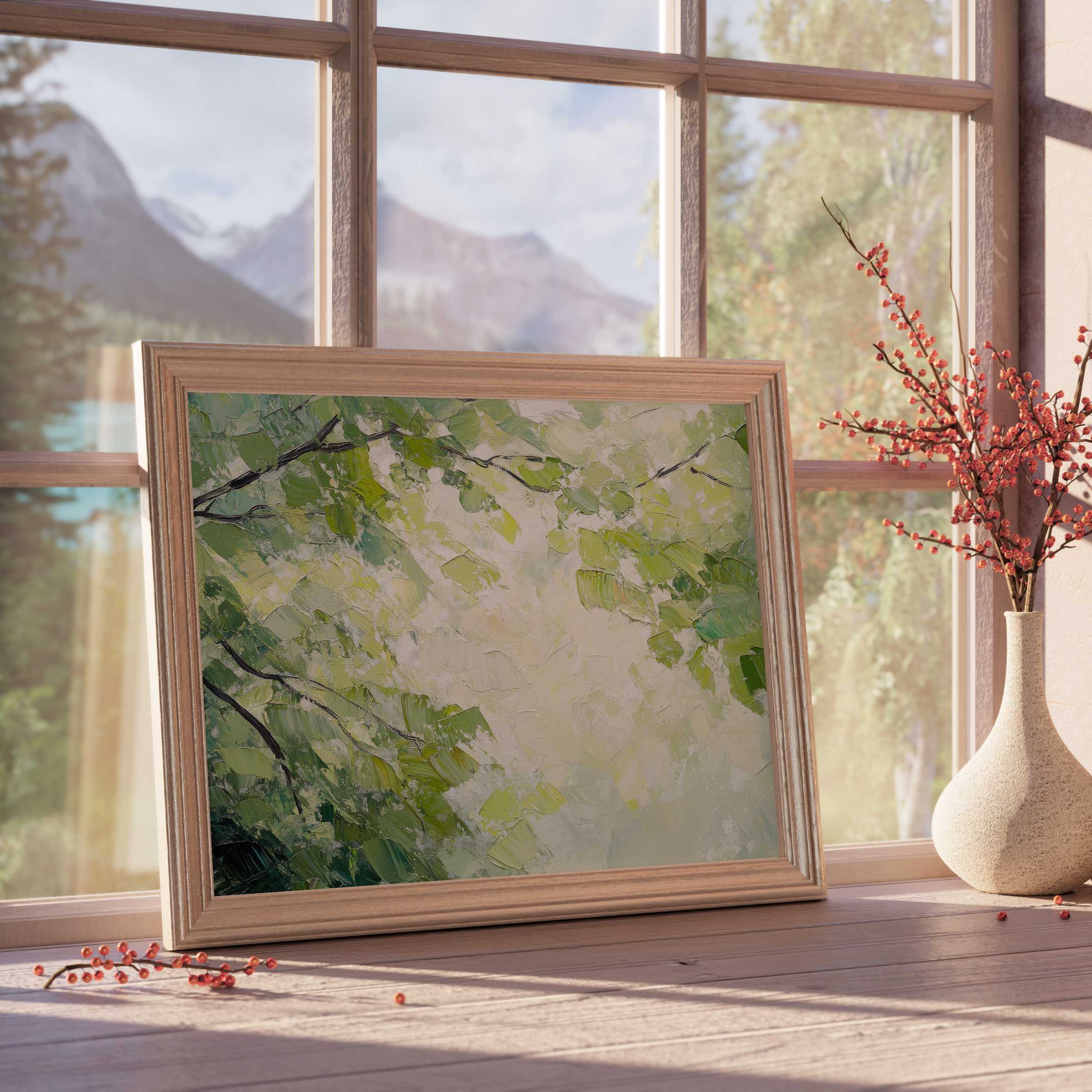 Spring downloadable art capturing lush green foliage, perfect for tranquil, curated interiors and upscale decor lovers