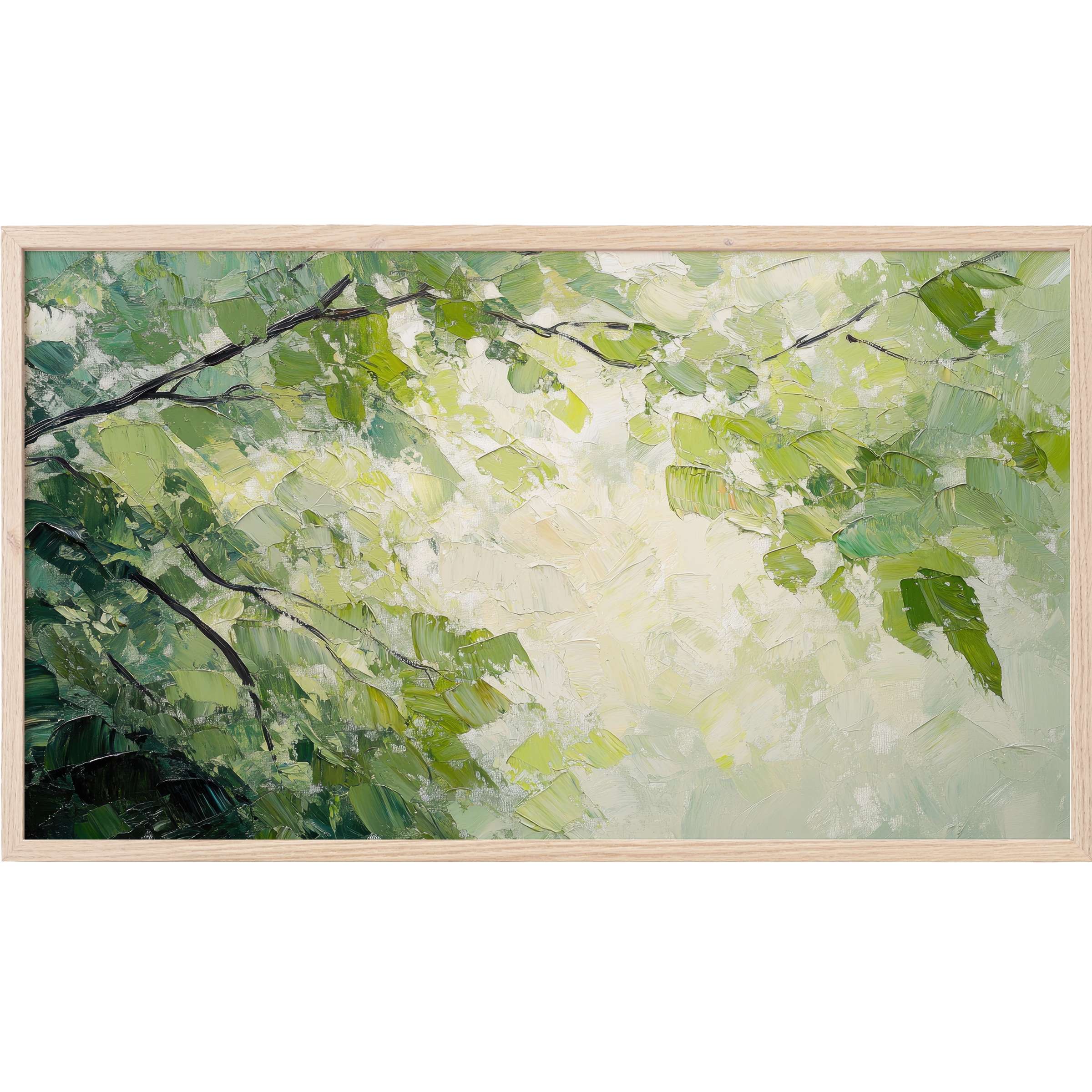 Elegant impressionist spring foliage in layered green hues with light accents, perfect spring Frame TV Art for modern interiors