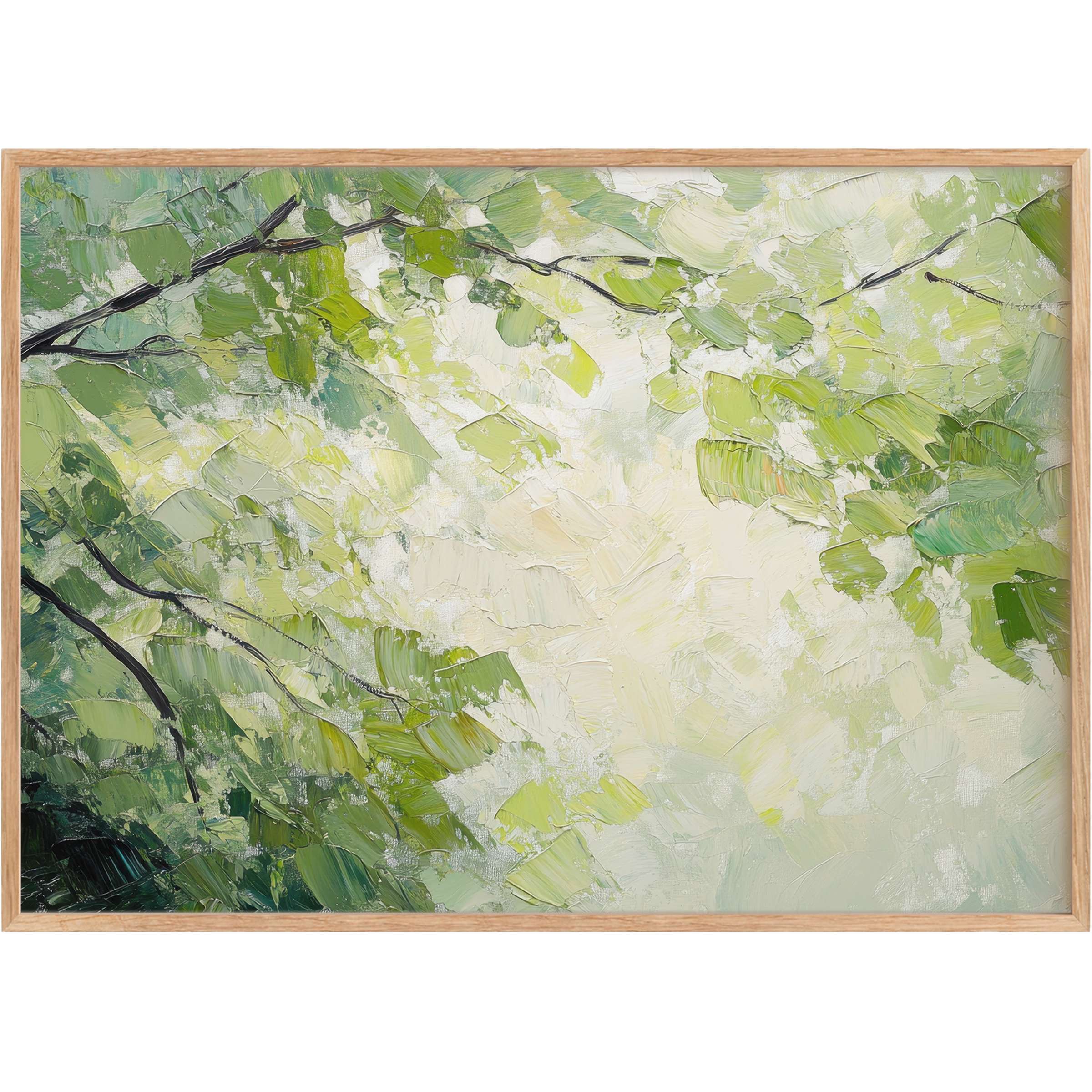 Spring printable wall art with luminous shades of green and soft yellows, evoking a serene, radiant woodland glow