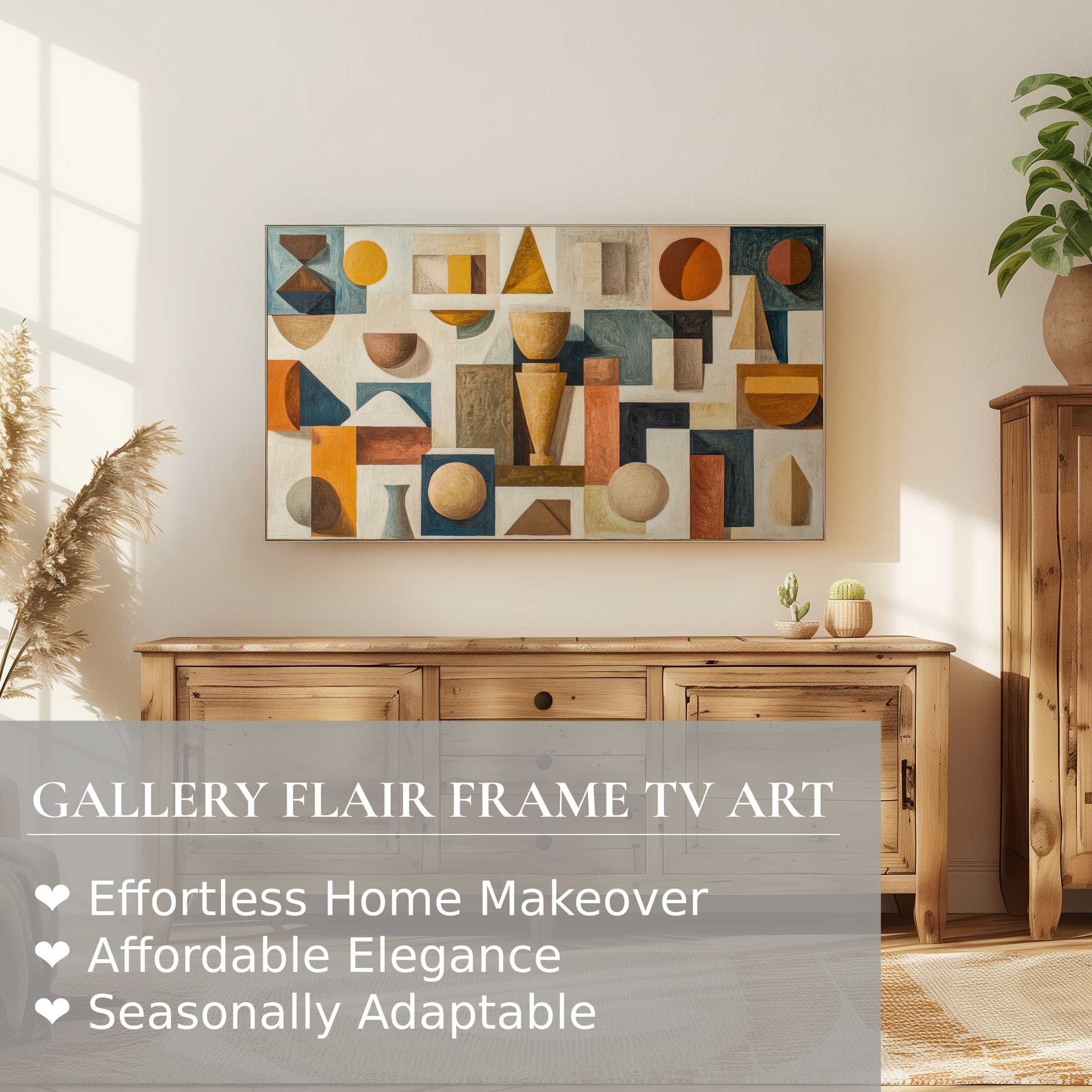 Samsung Frame TV showcasing boho digital artwork in warm tones in a sunlit, elegant, and modern living space