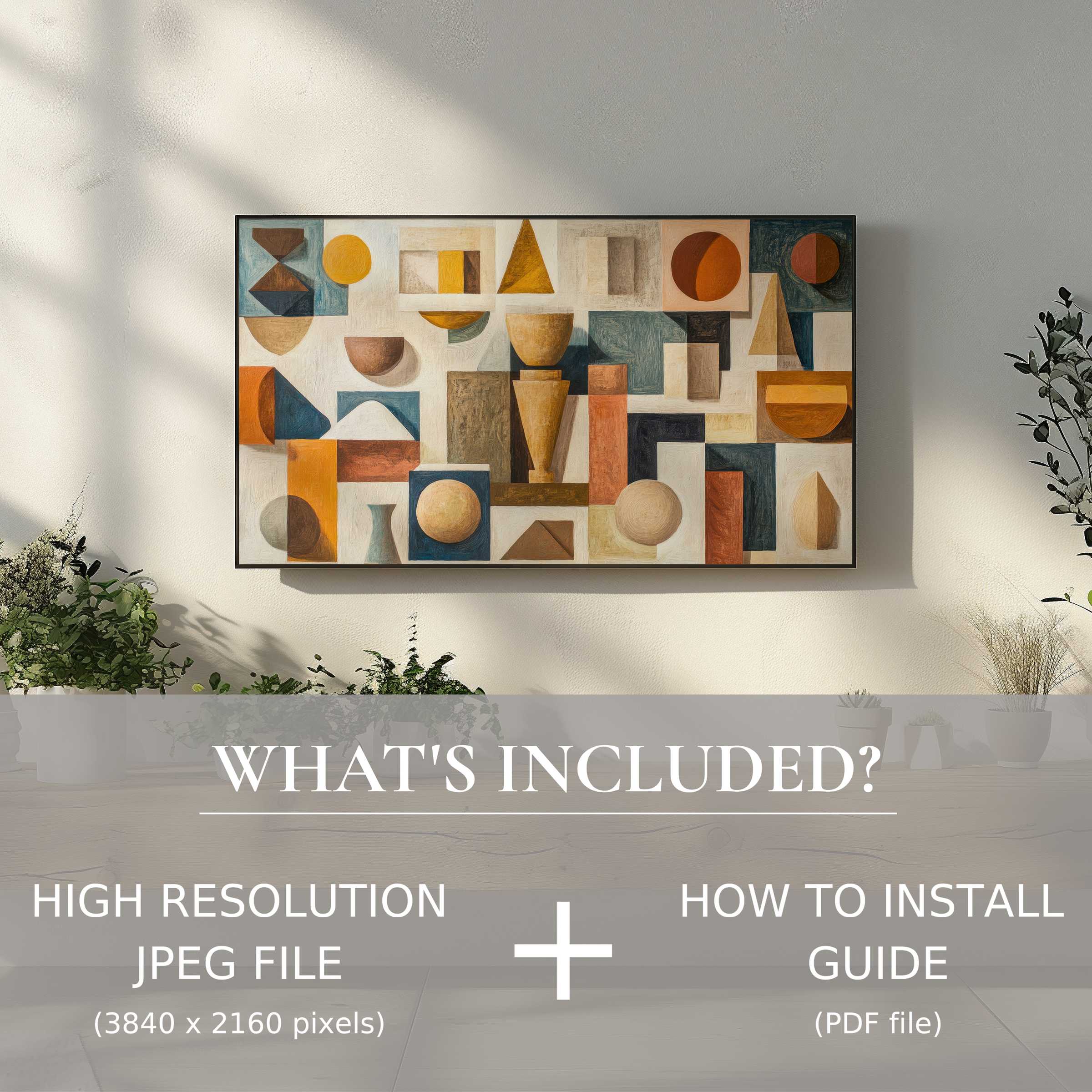 Elegant boho digital TV art download brightens modern living spaces with easy digital use and bold abstract shapes