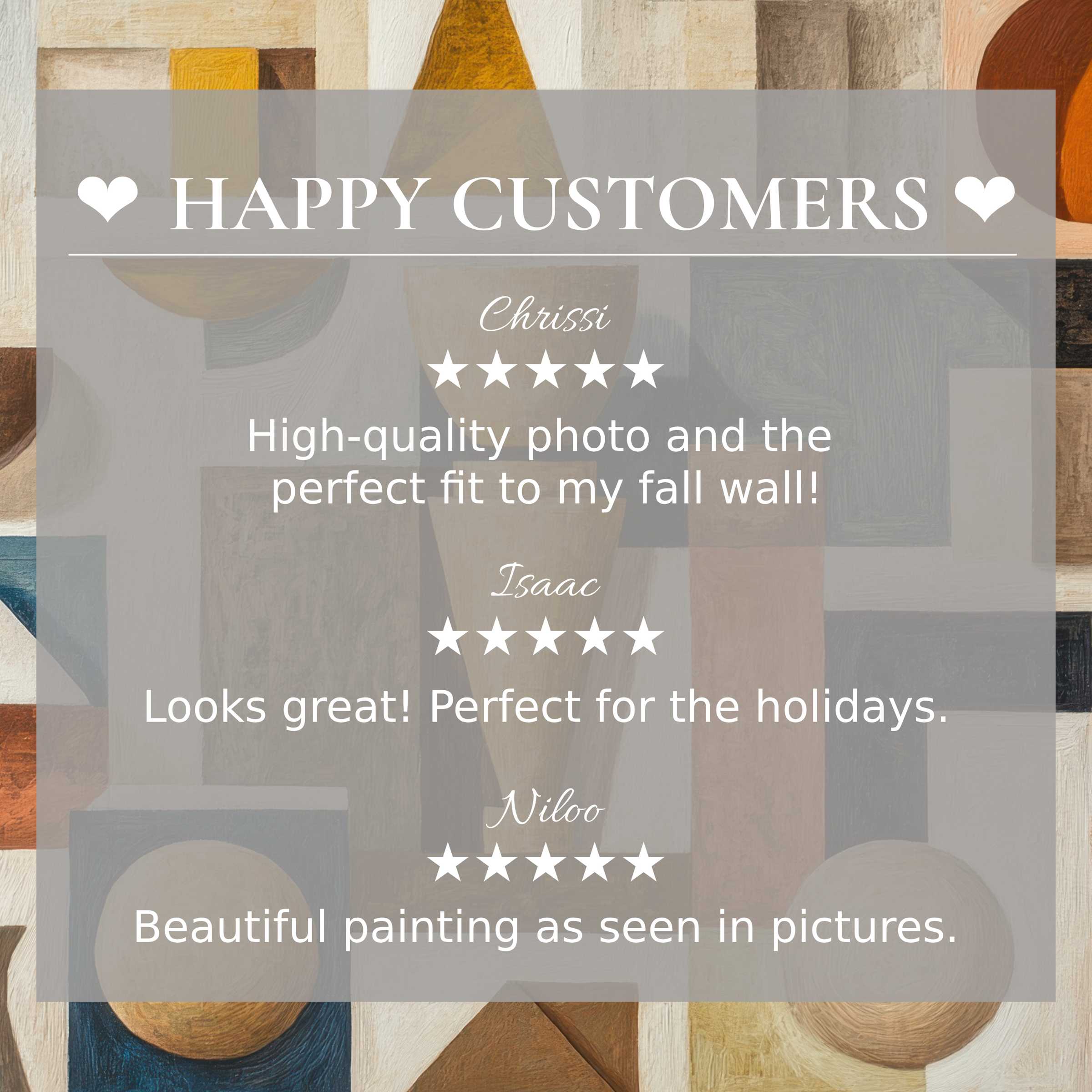 Boho art for Frame TV with abstract earth tones, showcasing happy customer reviews and elegant, trust-building design