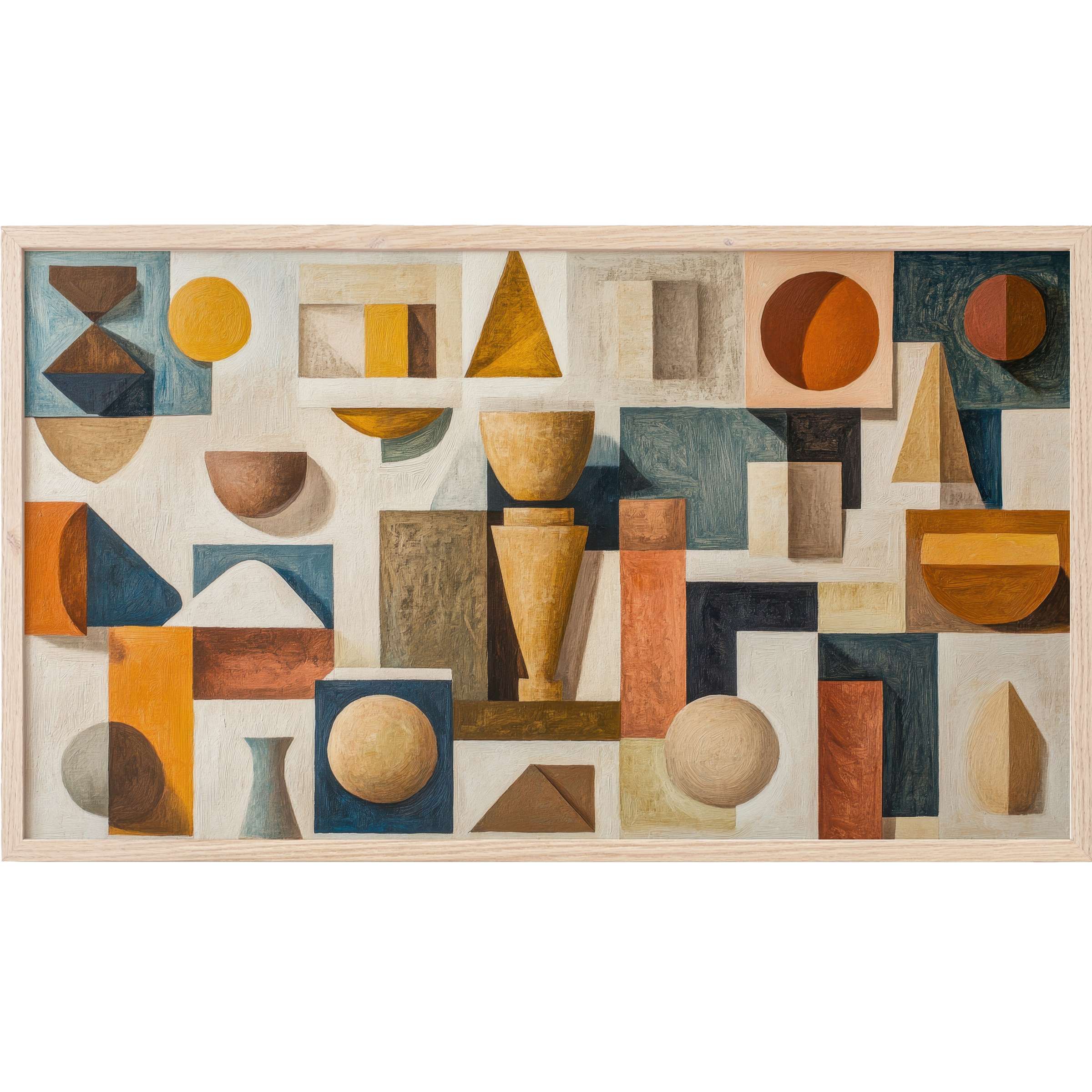 Abstract geometric forms in warm earth tones and muted blues create a textured boho Frame TV Art centerpiece