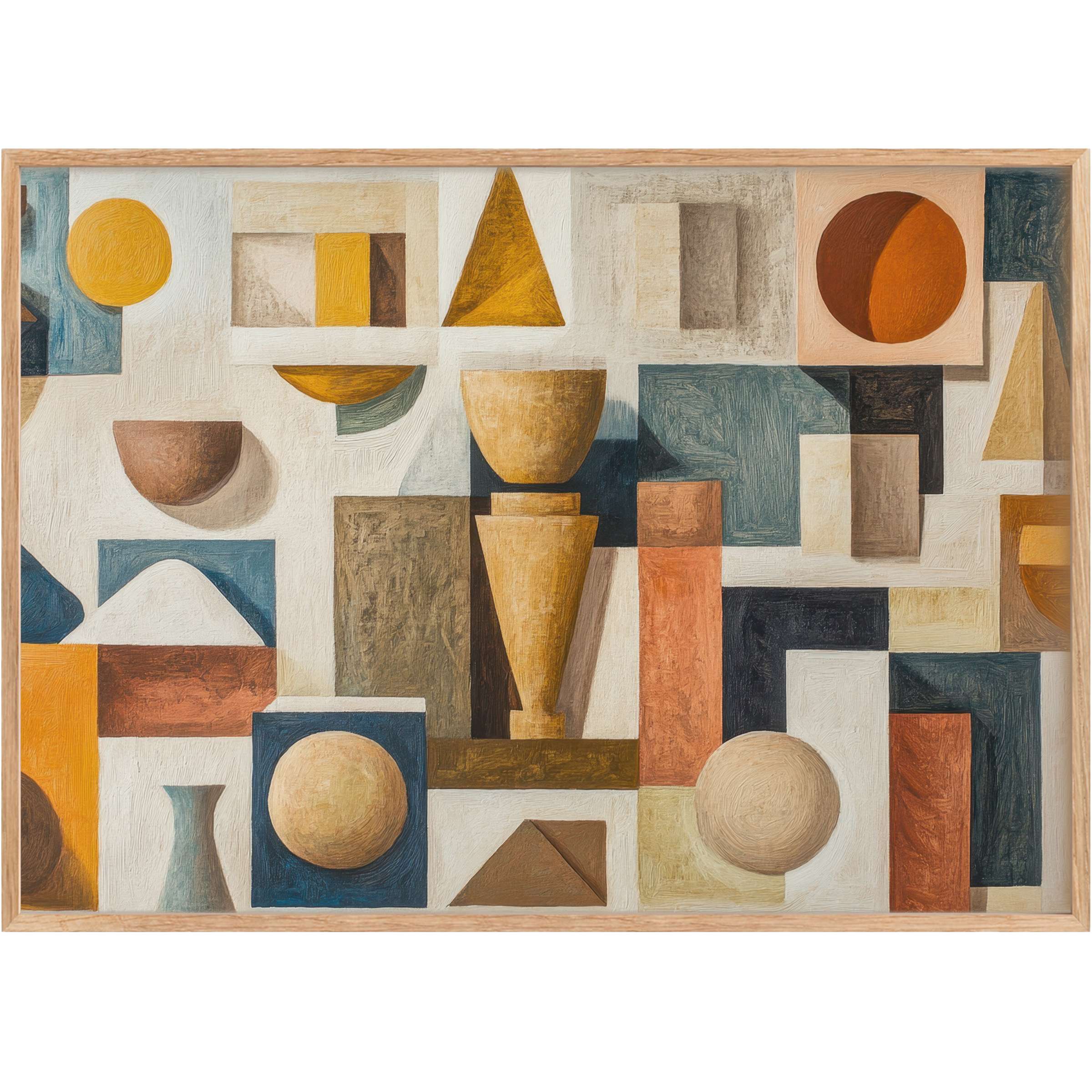 Boho printable wall art featuring layered geometric forms in warm ochres, terracotta, and muted blues, evoking a grounded, radiant ambiance