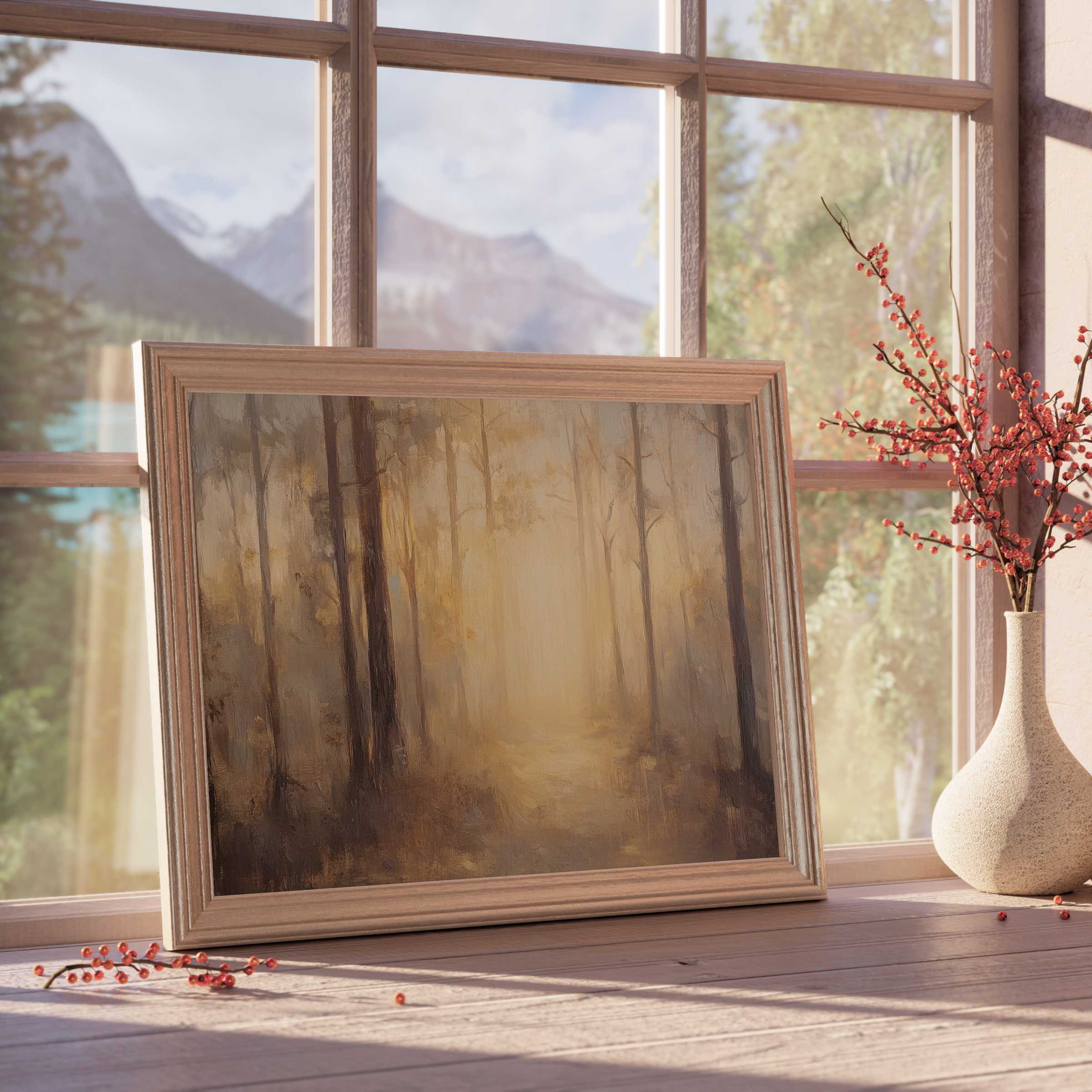 Fall downloadable art of a serene autumn forest bathed in warm golden light, enhancing tranquil, curated interiors with soft rustic charm