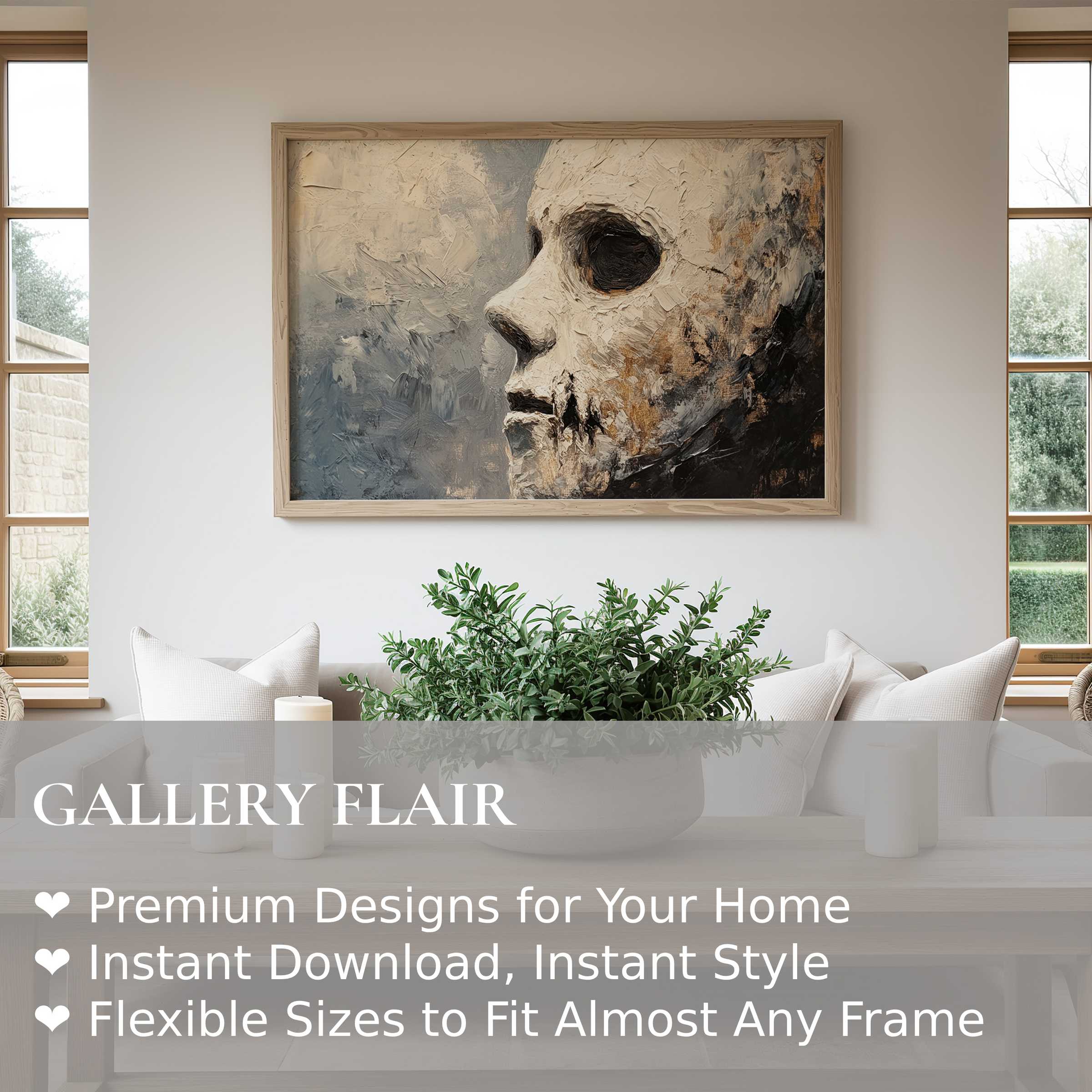 Halloween wall art print featuring a textured, haunting skull profile in earthy tones, elevating sleek, modern living spaces with bold, eerie elegance
