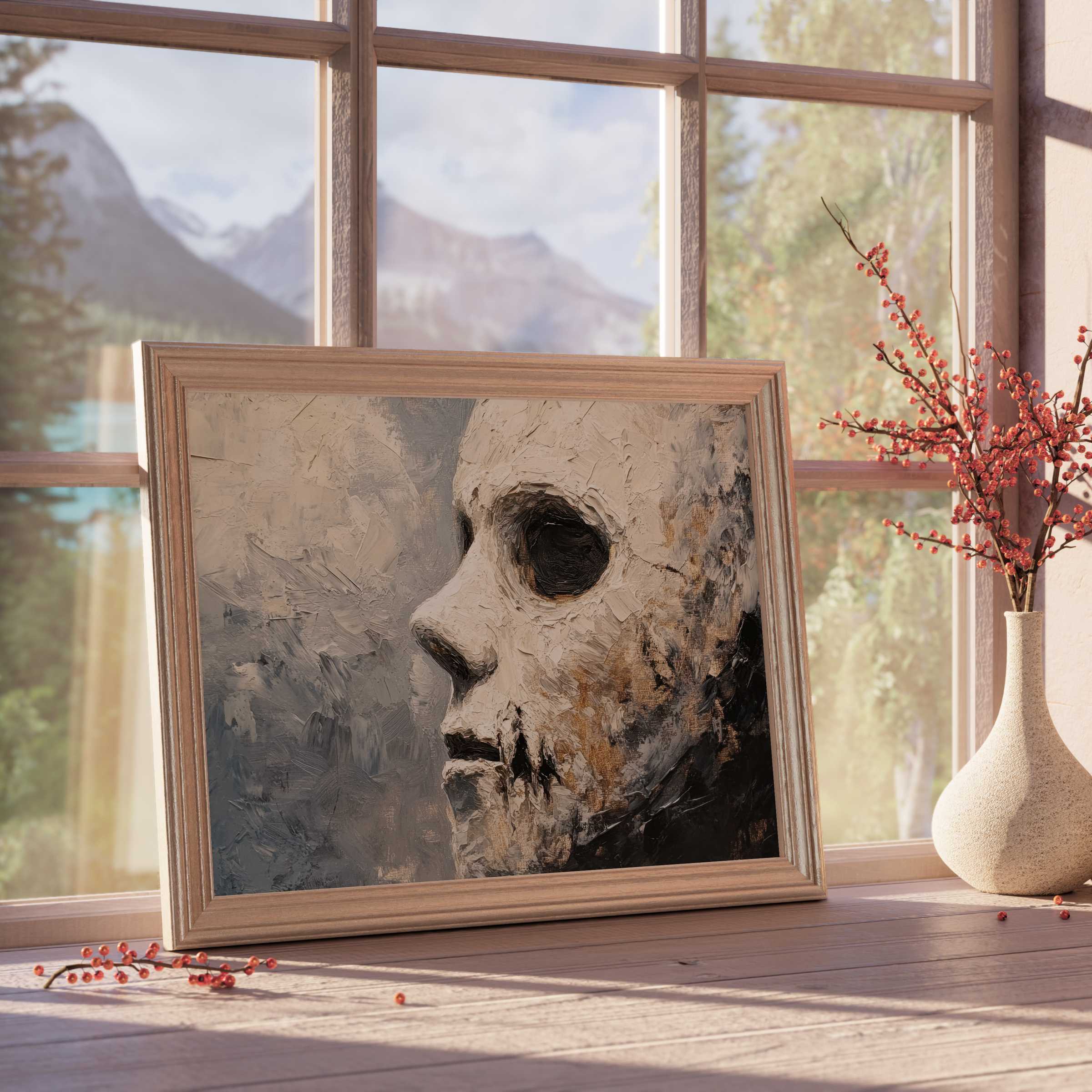 Halloween downloadable art featuring a textured, haunting mask portrait in a serene, design-forward setting with warm natural light