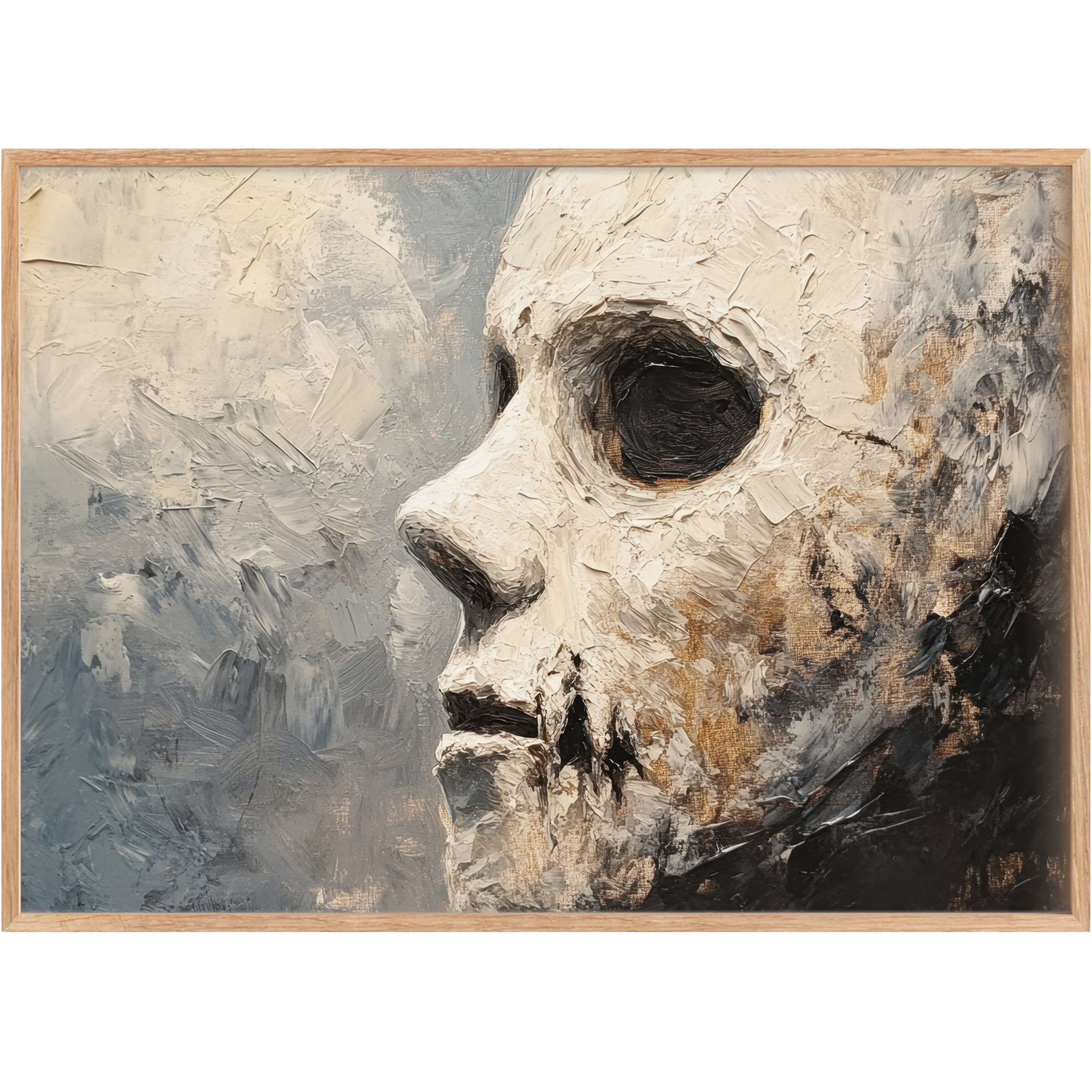 Evoke a hauntingly elegant ambiance with this Halloween printable wall art, where textured grays and muted creams sculpt a bold, contemplative skull silhouette