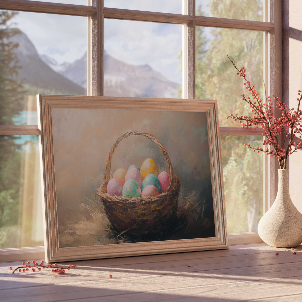 Easter downloadable art featuring a serene basket of pastel eggs, elevating refined interiors with warm, tranquil charm and seasonal elegance