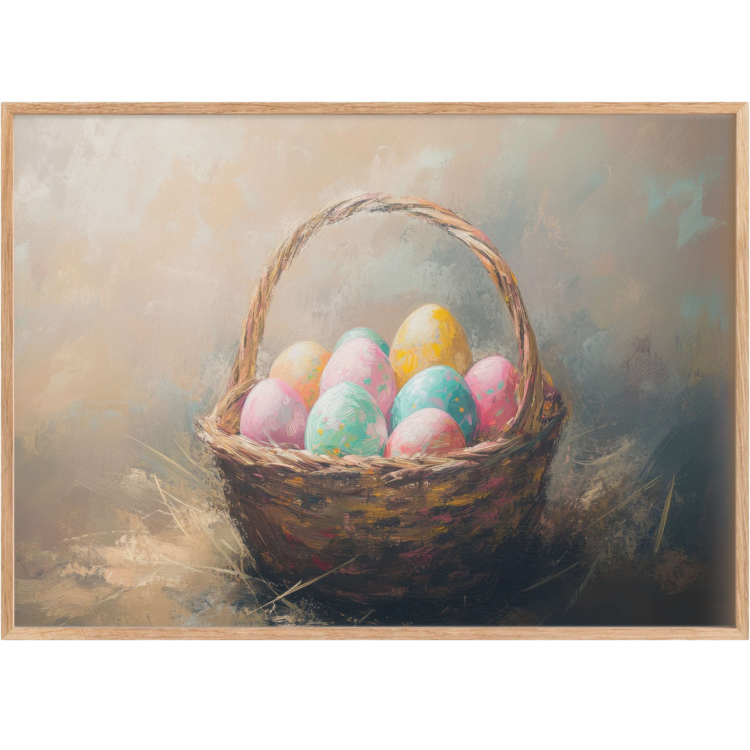 Easter printable wall art capturing a rustic basket of pastel eggs, evoking a serene, softly radiant spring ambiance