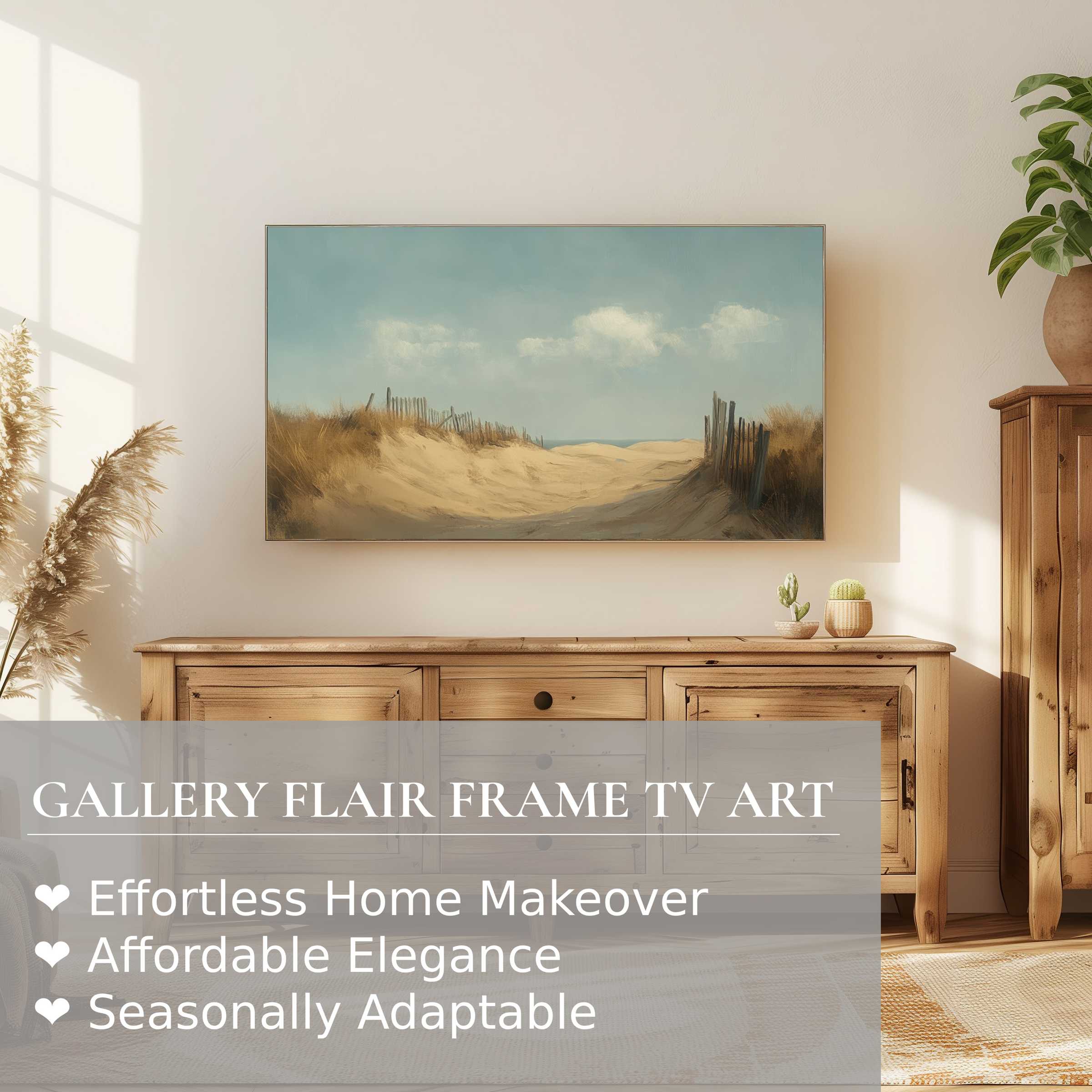 Samsung Frame TV displaying serene beach digital artwork in a minimalistic, sunlit modern living room