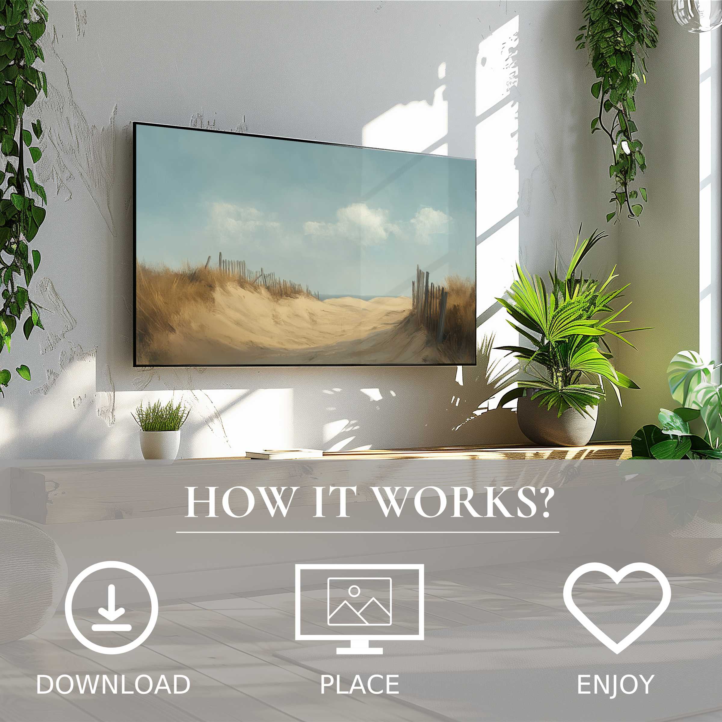 Modern living room with beach art for Samsung TV showing soft dunes and sky, easy digital download to enrich space