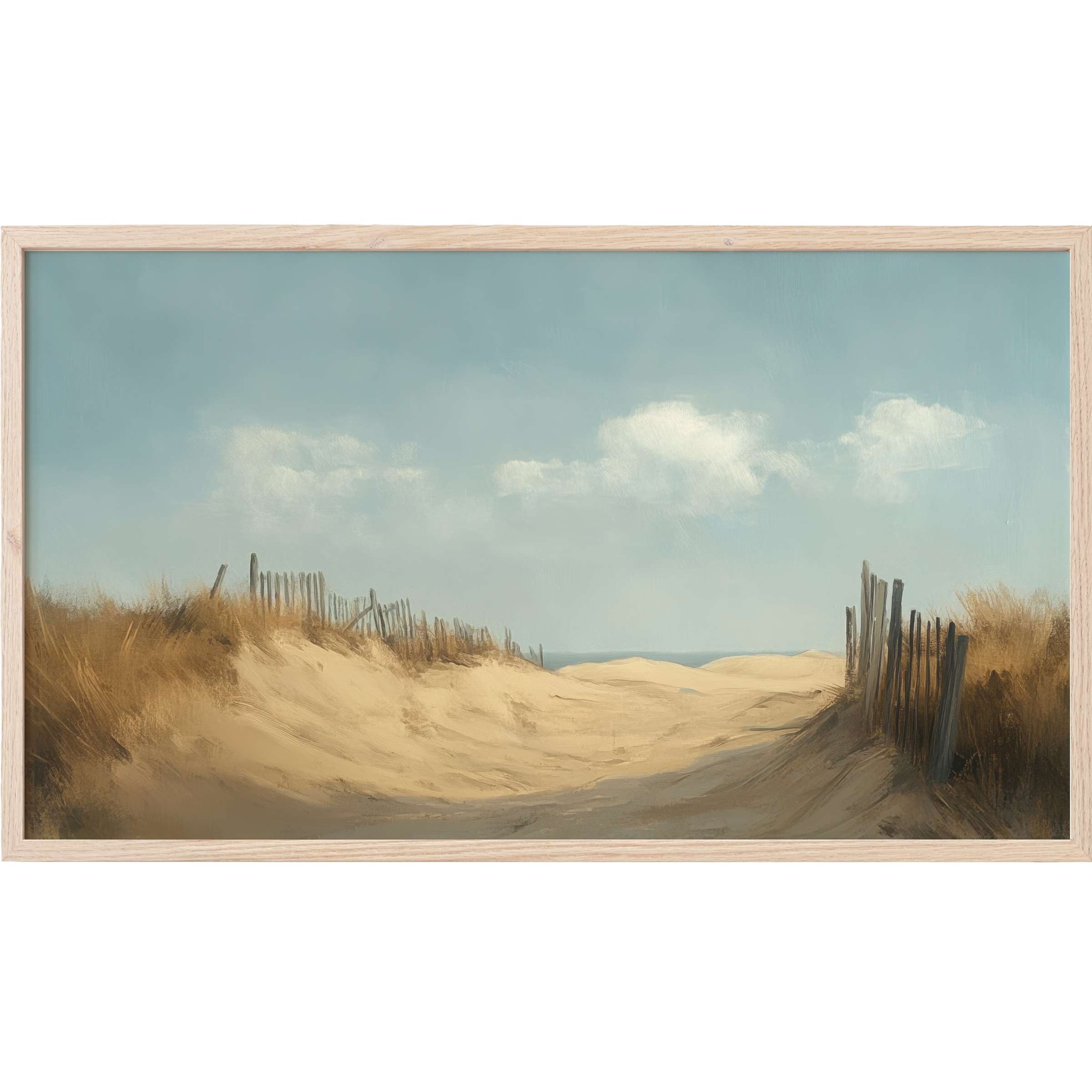 Serene sandy dunes with soft grasses and weathered fences under a calm blue sky, beach Frame TV Art