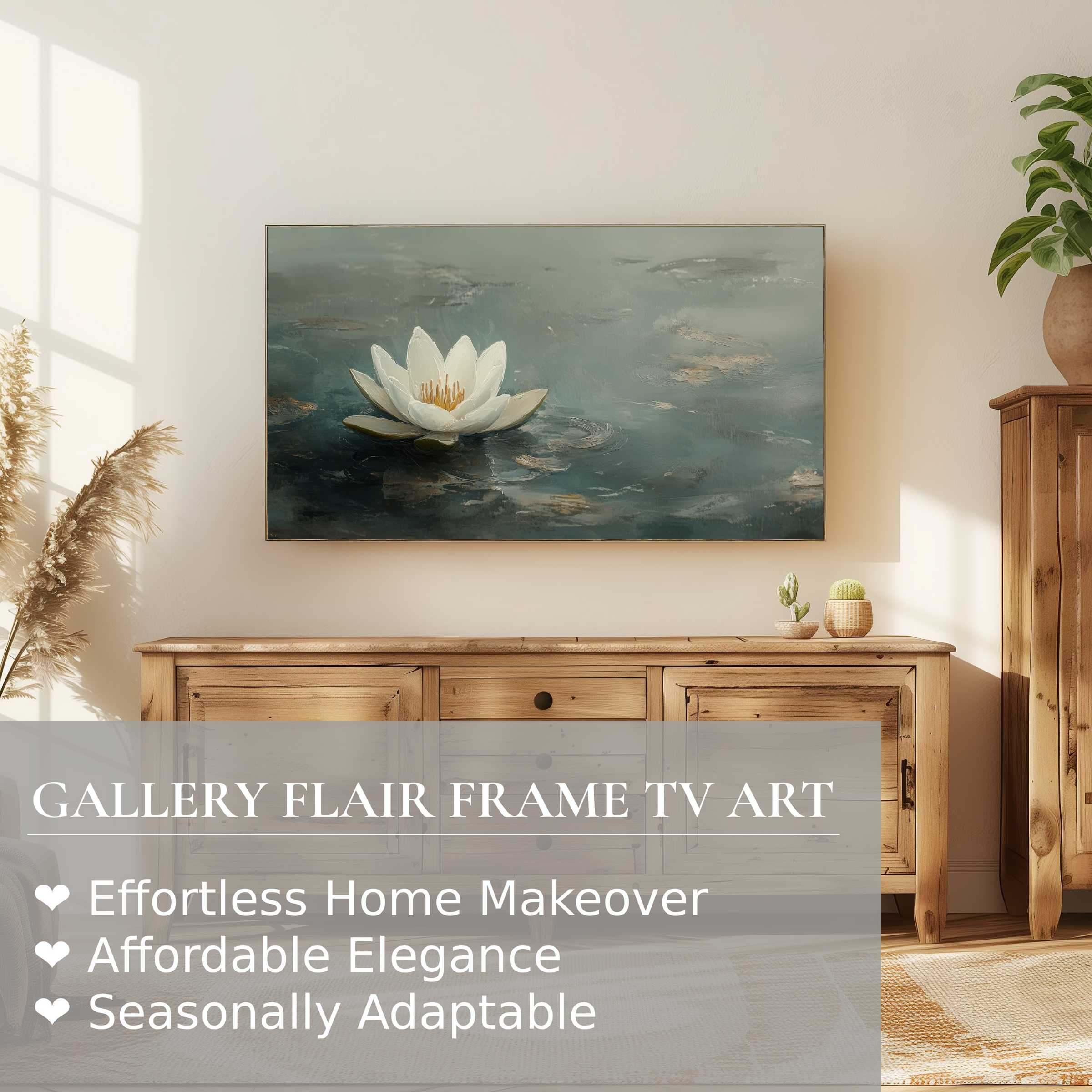 Samsung Frame TV showcasing serene botanical digital artwork of a white lotus in a modern, airy living room setting