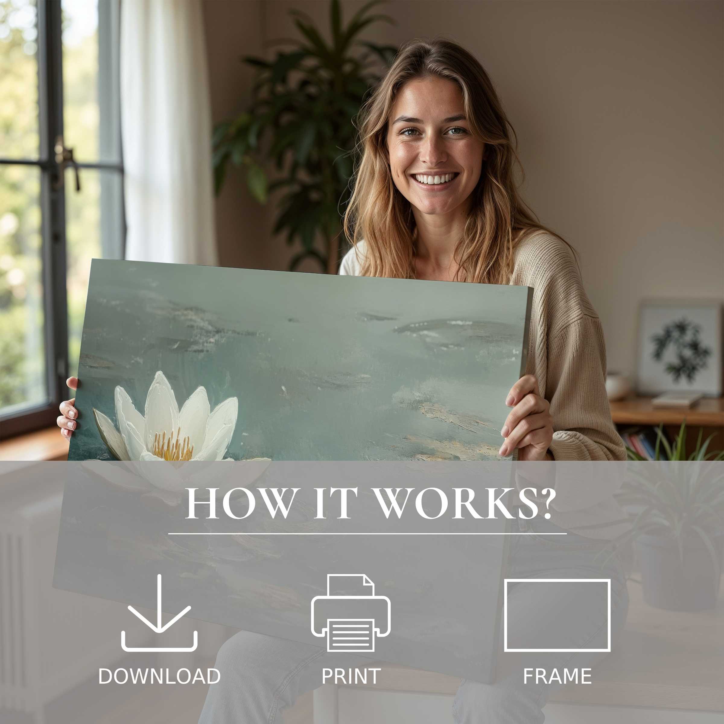 A serene moment of joy as botanical digital art print breathes new life into a chic, sunlit living space