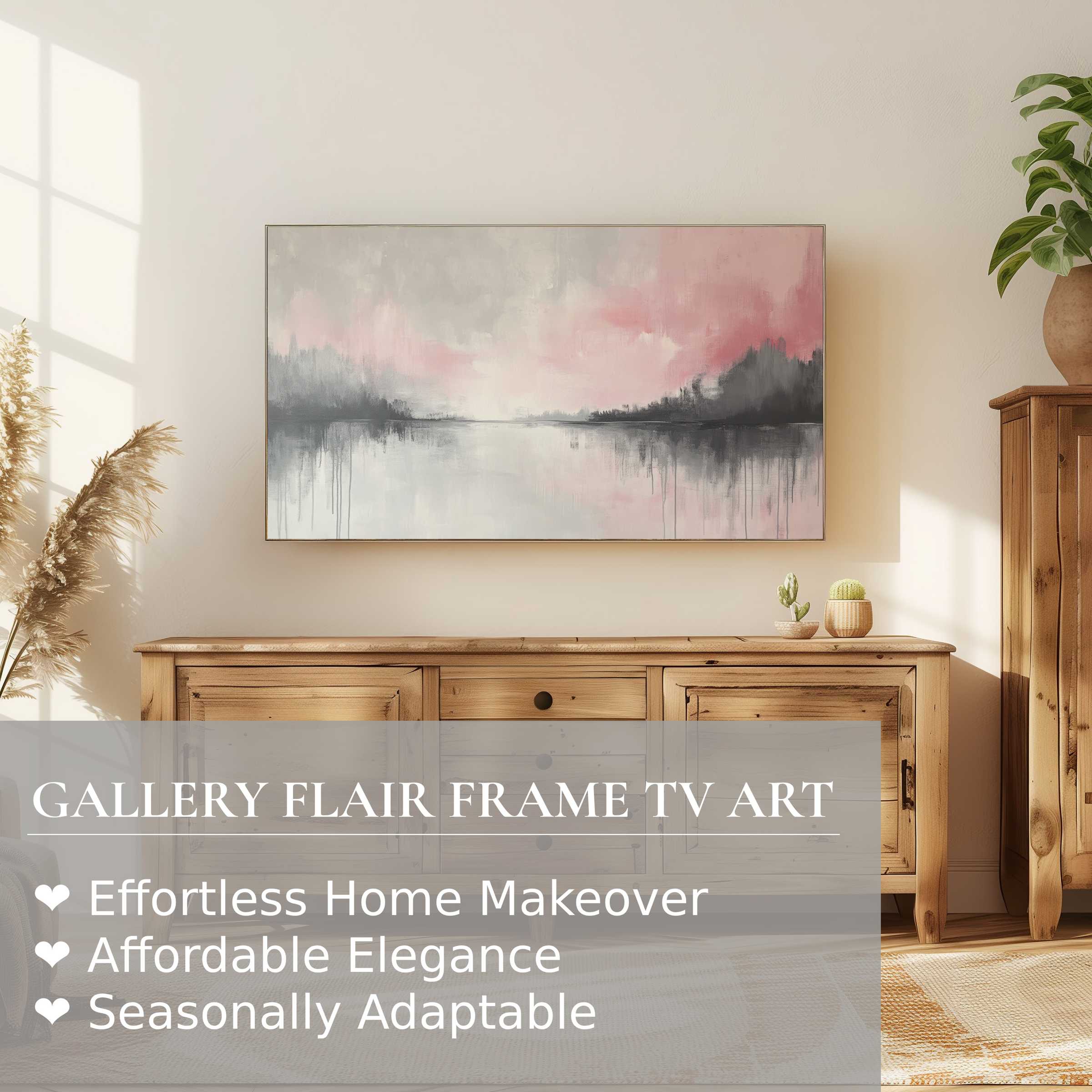 Samsung Frame TV displaying serene abstract digital artwork in soft pink and gray hues, enhancing modern home decor