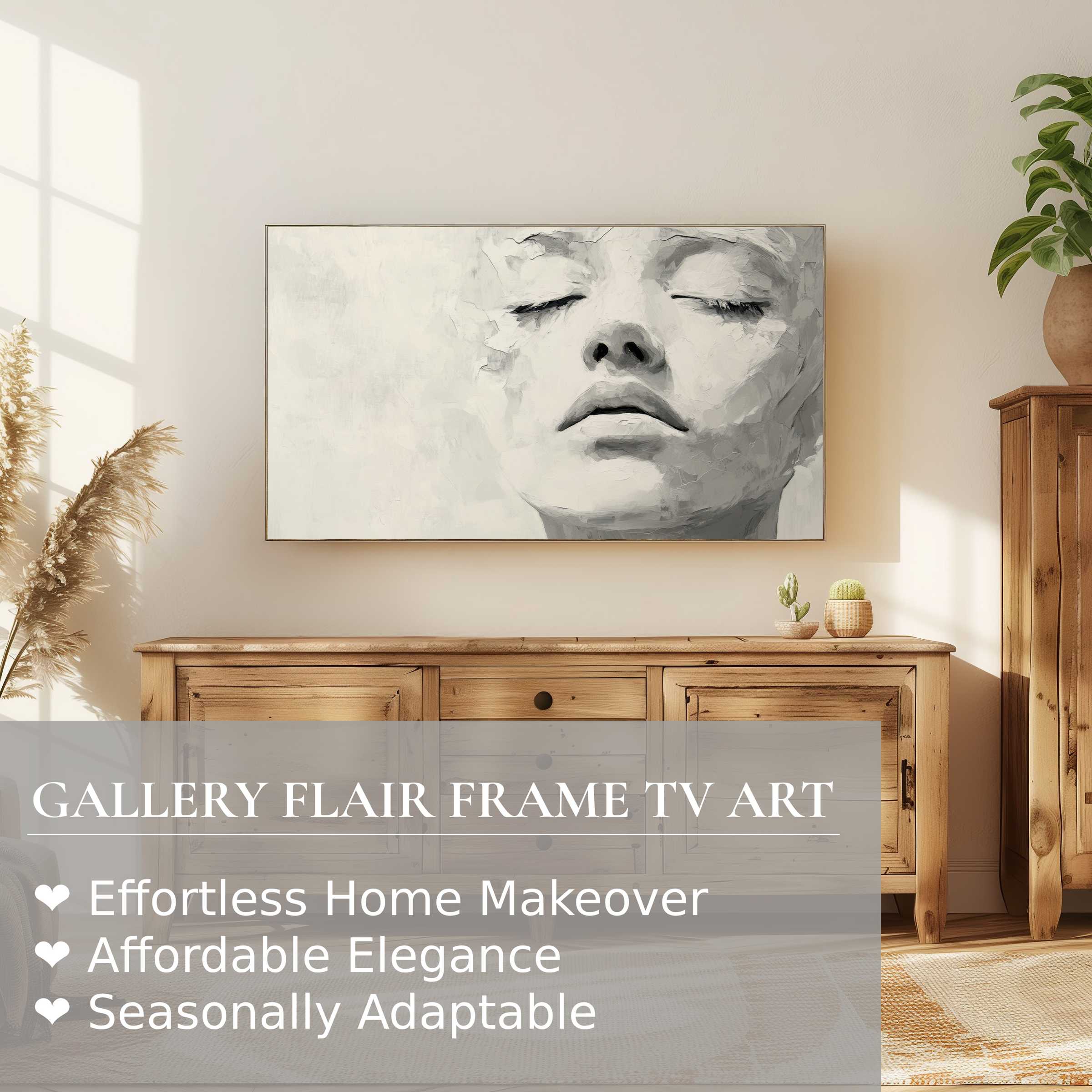 Samsung Frame TV displays serene black and white digital artwork in a modern, elegant living space with natural wood tones