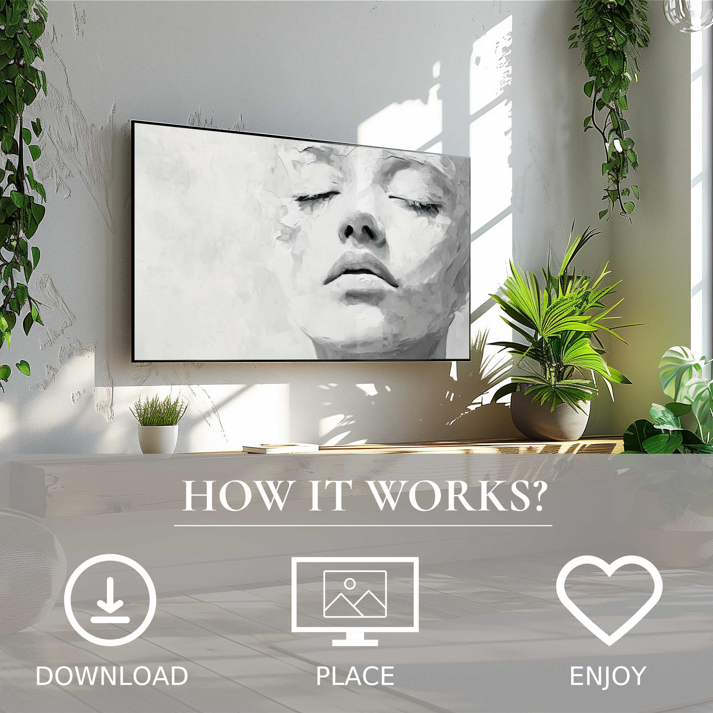 Black and white art for Samsung TV showing a serene face motif, easy digital download enriches modern interiors