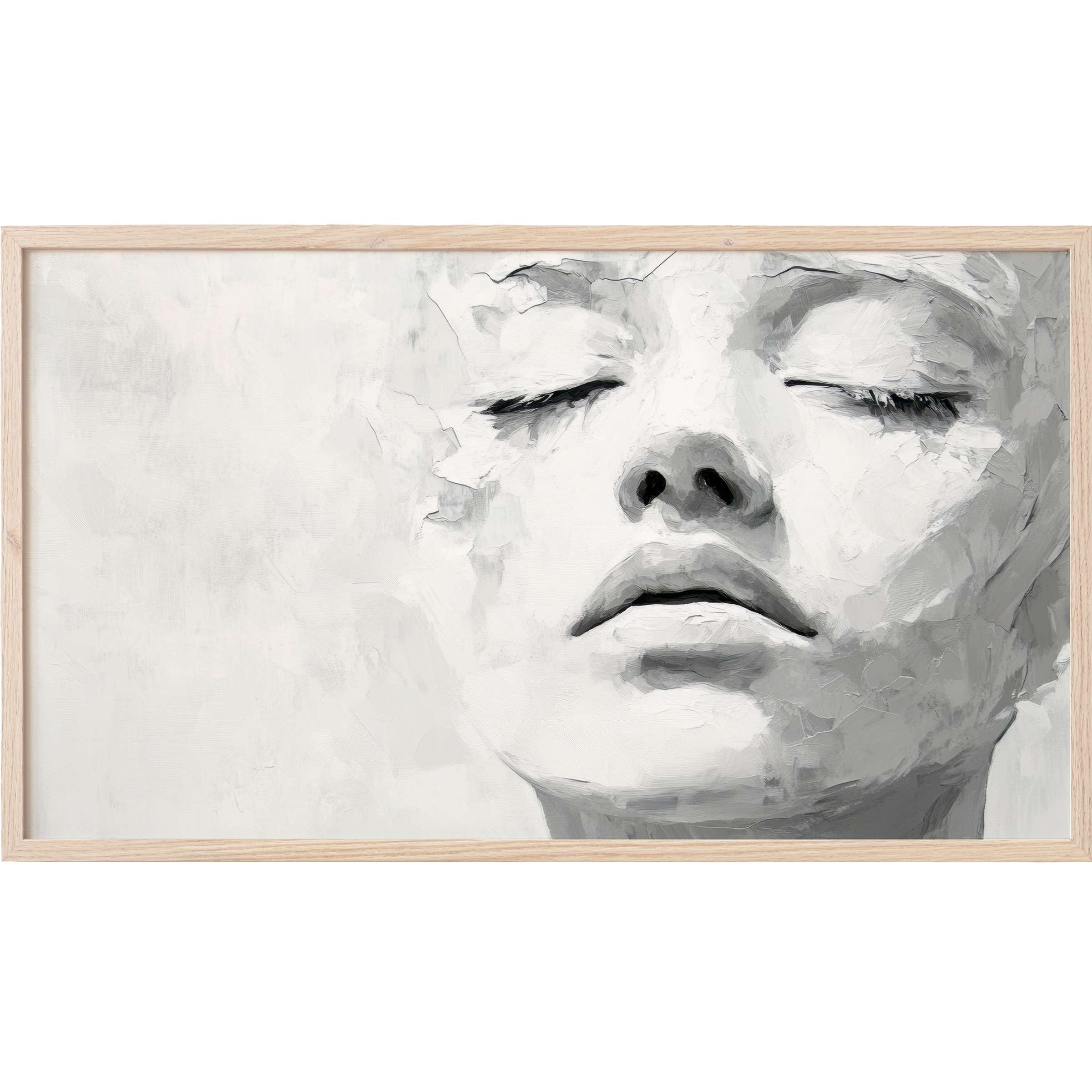 Elegant close-up portrait with textured brushstrokes in soft grays and whites, perfect black and white Frame TV Art