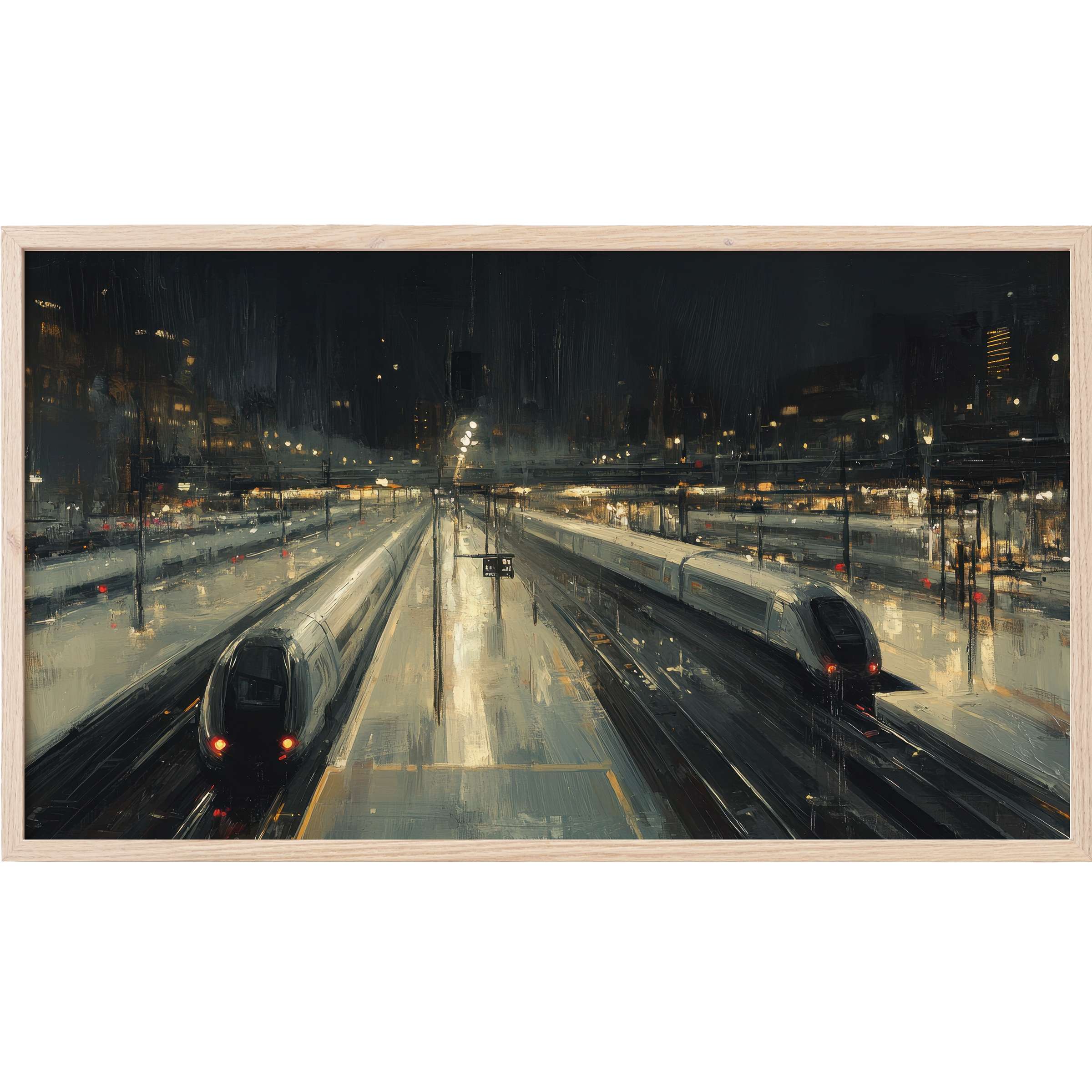 Sleek trains at dusk on reflective tracks, moody dark tones with warm lights in urban Frame TV Art style