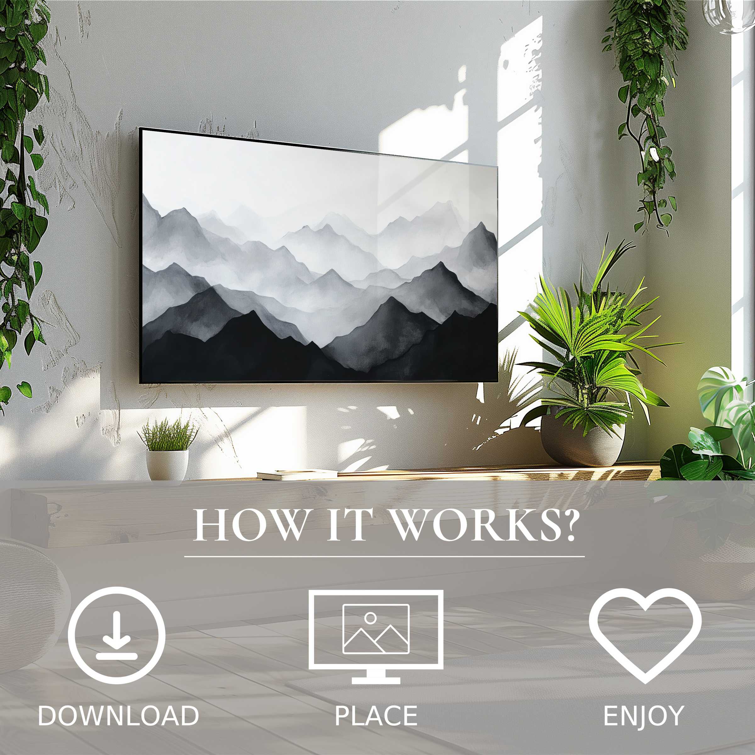 Modern art for Samsung TV showing soft grayscale mountain layers, easy digital download enriching stylish living spaces