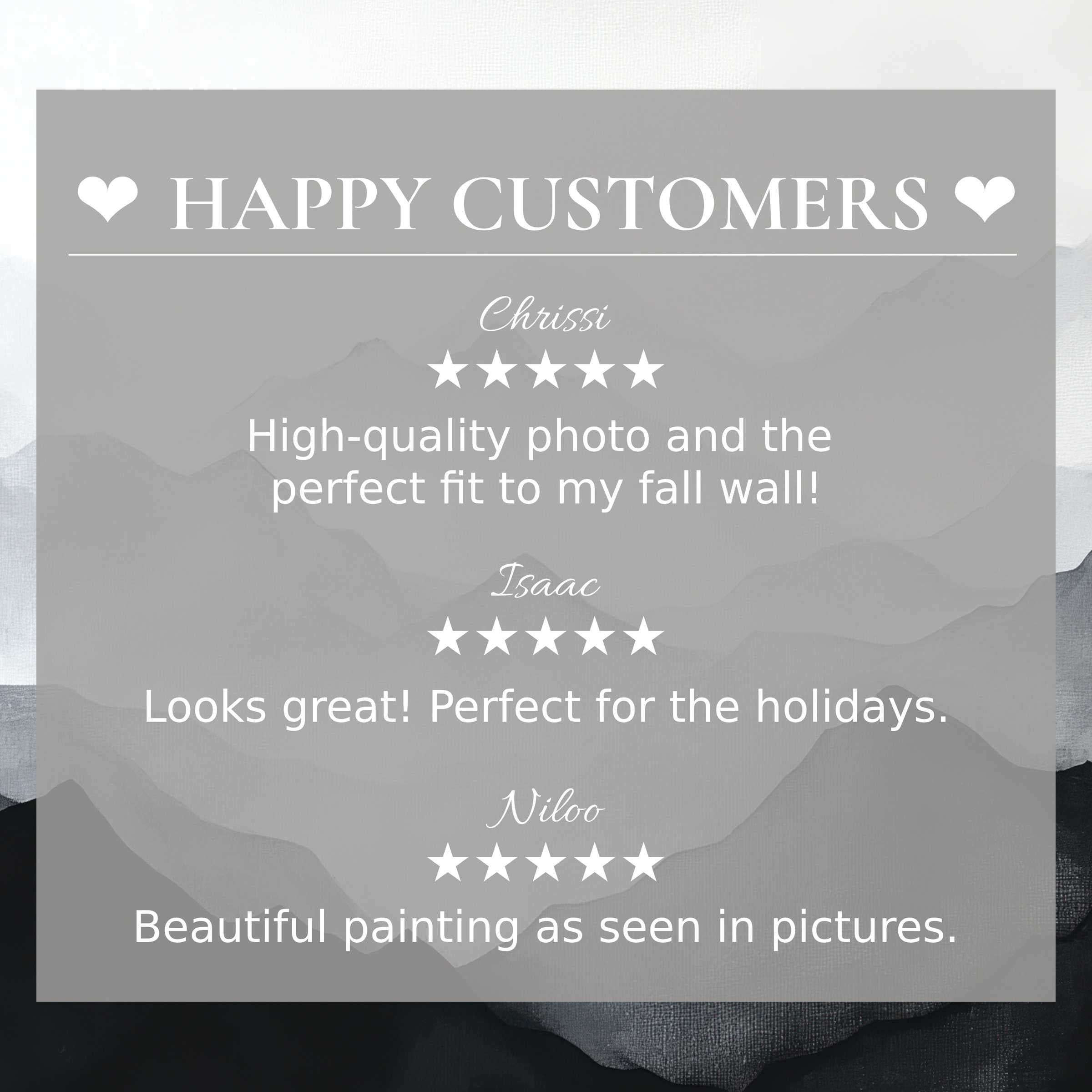 Elegant modern art for Frame TV with misty mountain hues, showcasing reviews that inspire trust and a happy customer base