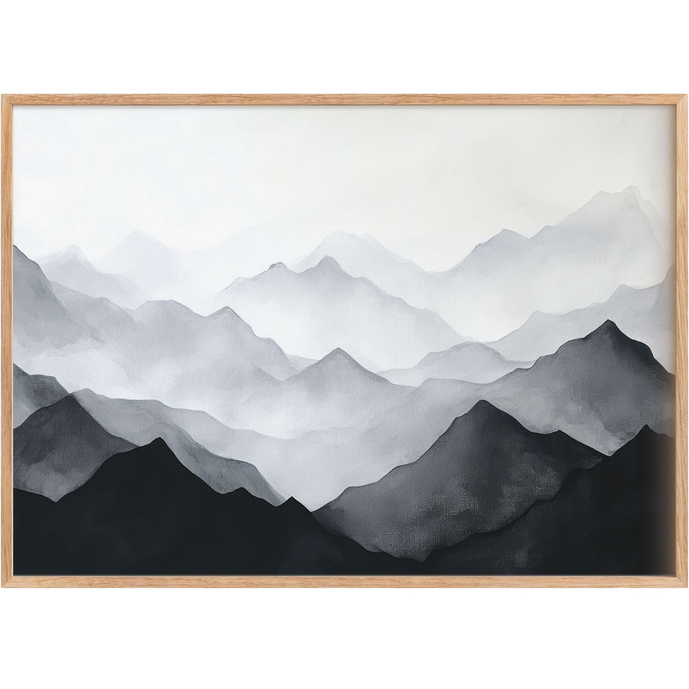 Modern printable wall art featuring layered mountain silhouettes in calming grayscale, evoking serene and sophisticated tranquility