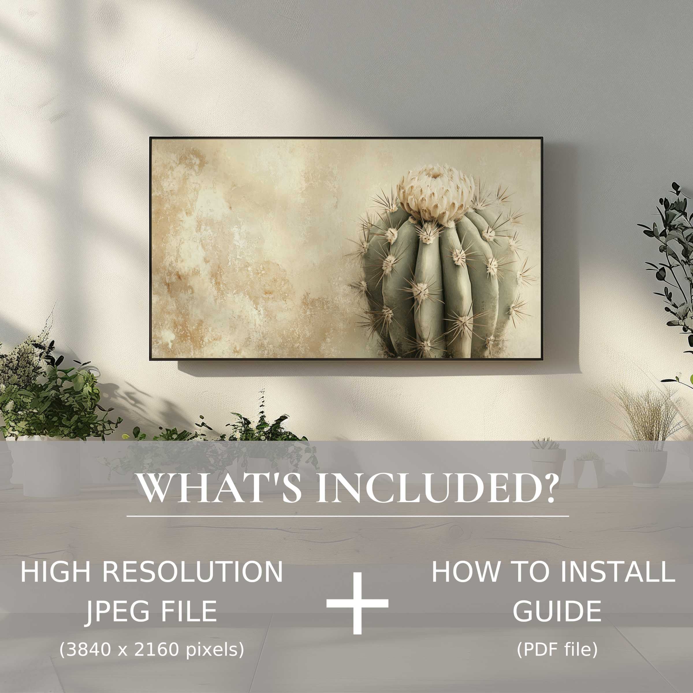 Elegant neutral digital TV art download featuring cactus, enhances modern living with easy digital use and style