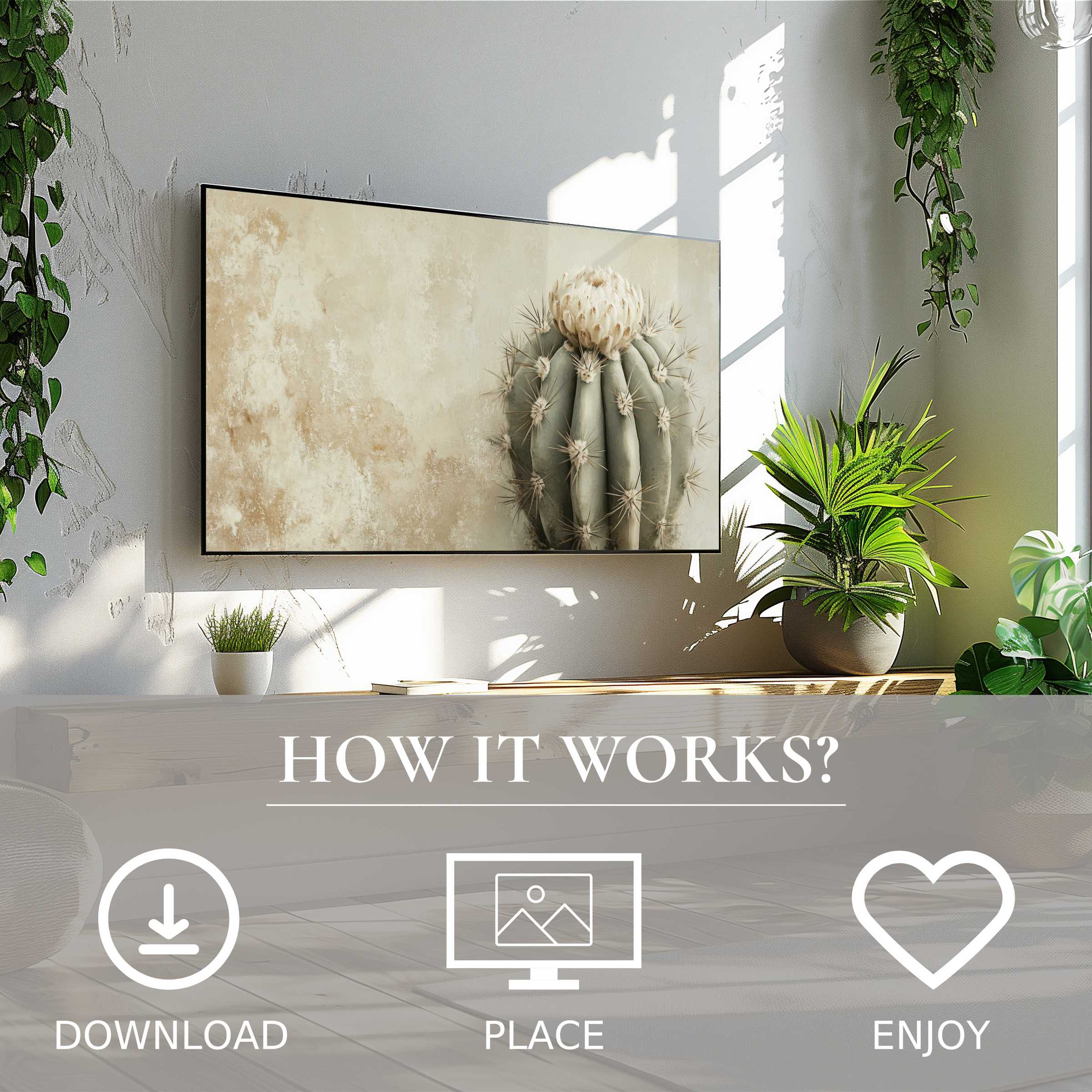 Neutral art for Samsung TV shows a soft beige cactus motif, easy digital download enriches bright living spaces