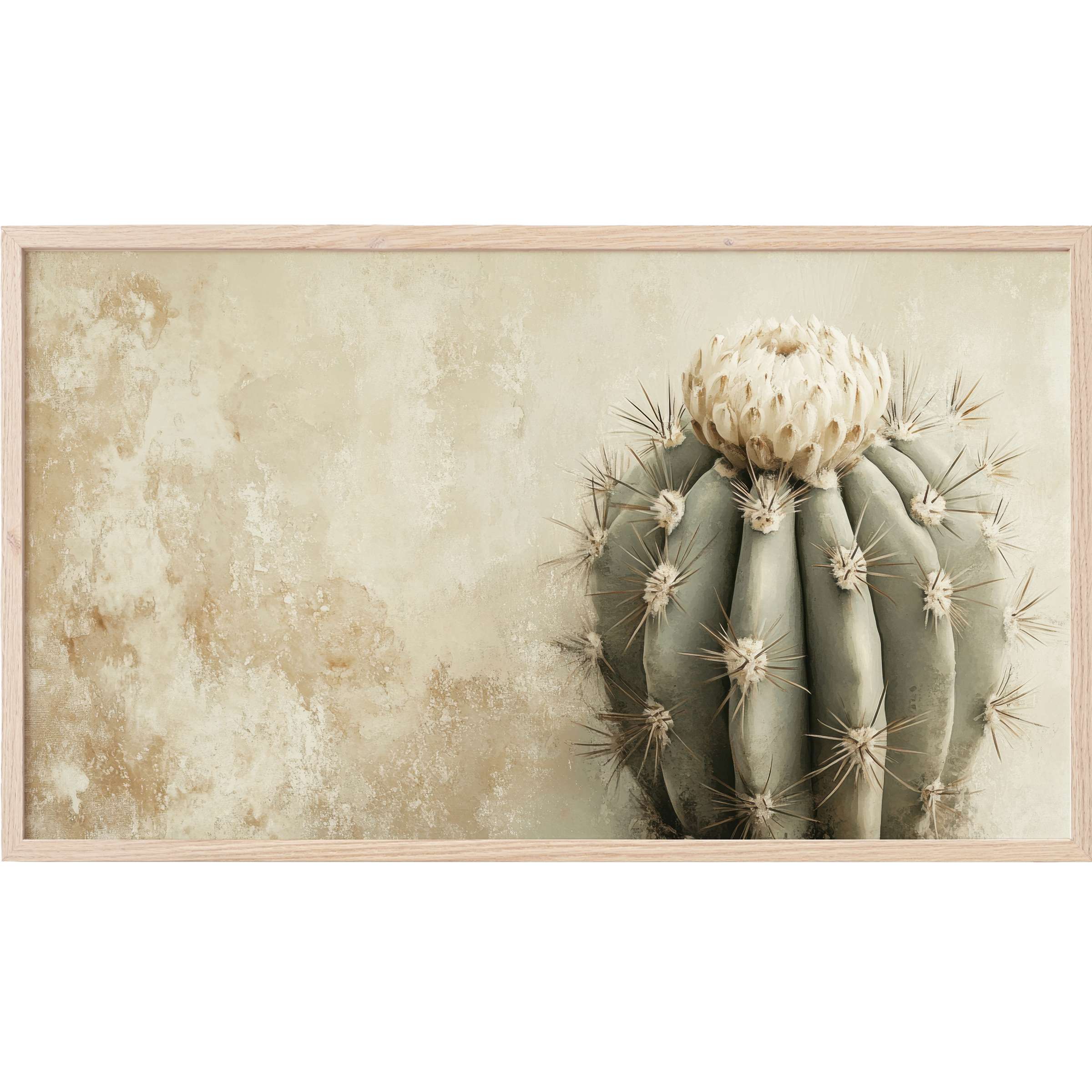 Elegant neutral Frame TV Art featuring a close-up of a muted green cactus with soft beige background