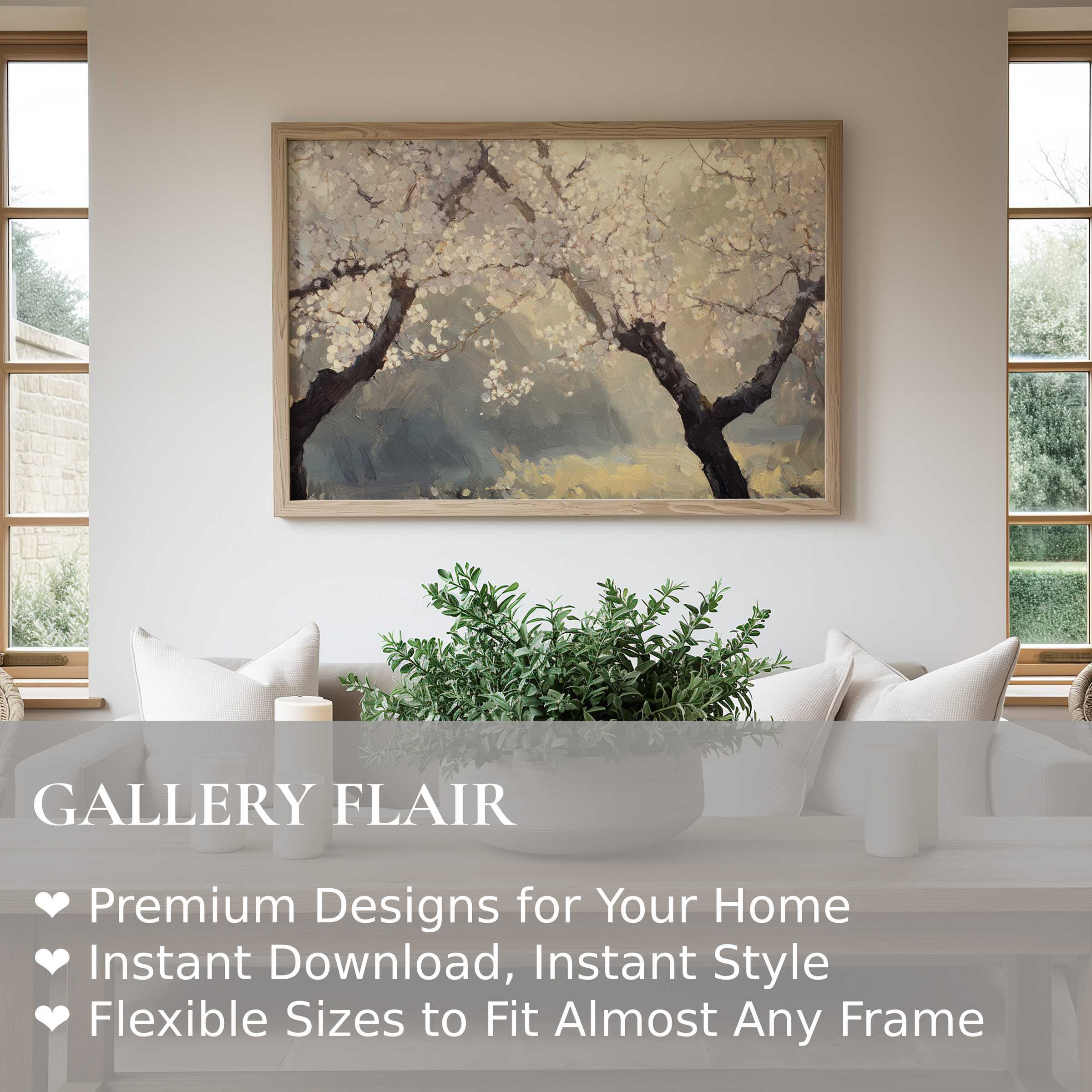 Elegant tree wall art print featuring soft, radiant blossoms in a serene, modern living room, enhancing calm sophistication and natural beauty