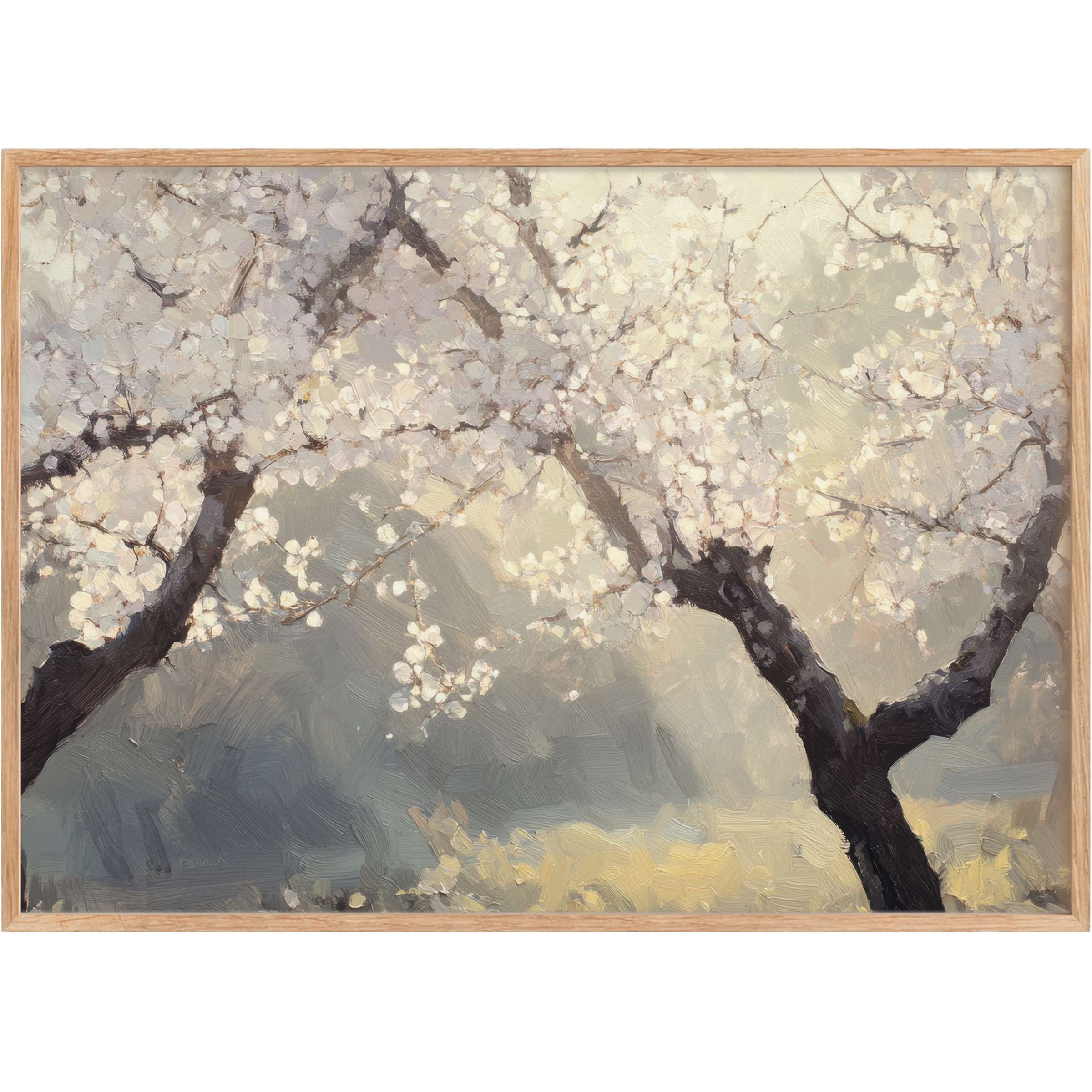 Elegant tree printable wall art capturing soft ivory blossoms and dark branches, creating a serene, luminous ambiance in chic spaces