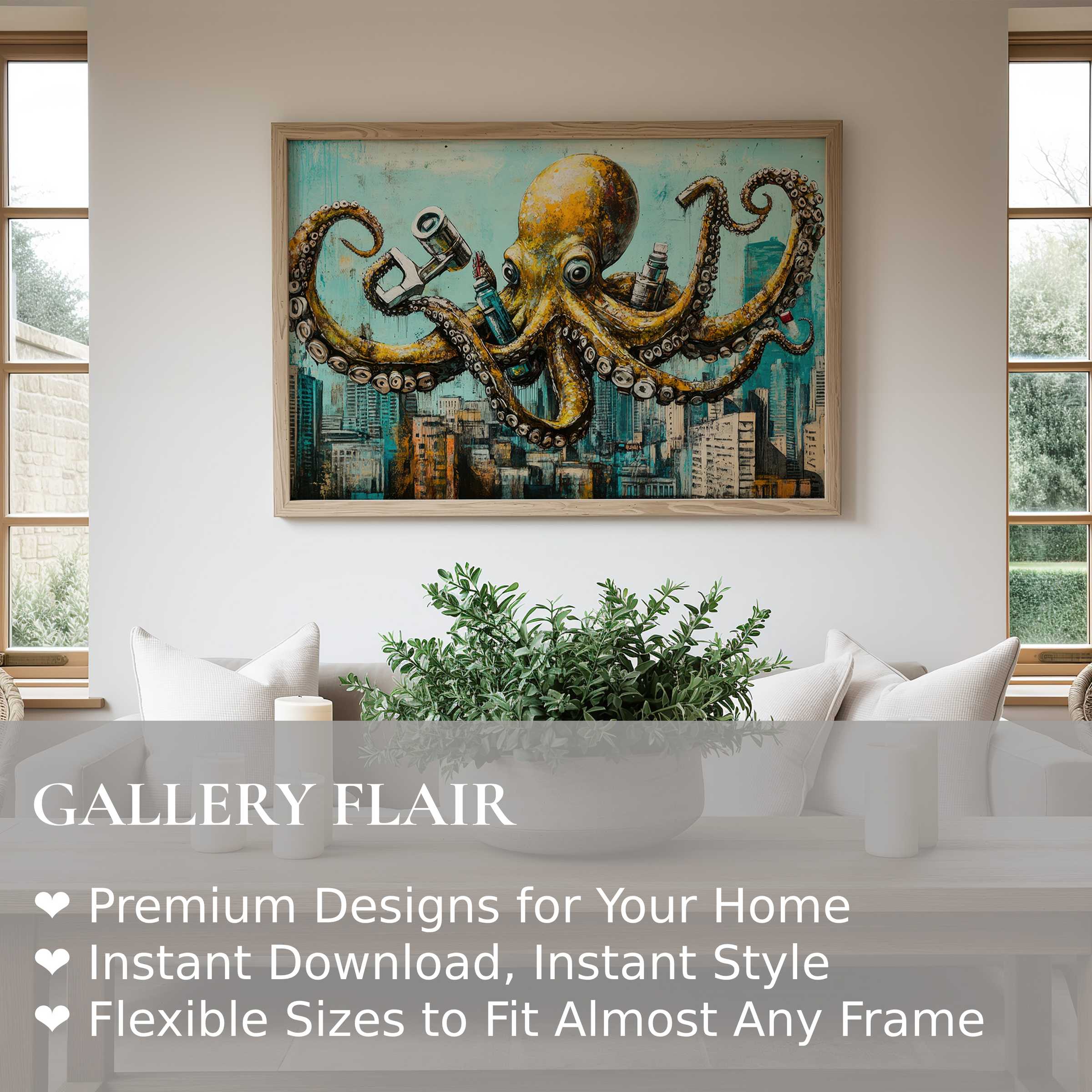 Bold street art wall art print featuring a vibrant octopus against a cityscape, elevating modern minimalist interiors with urban edge