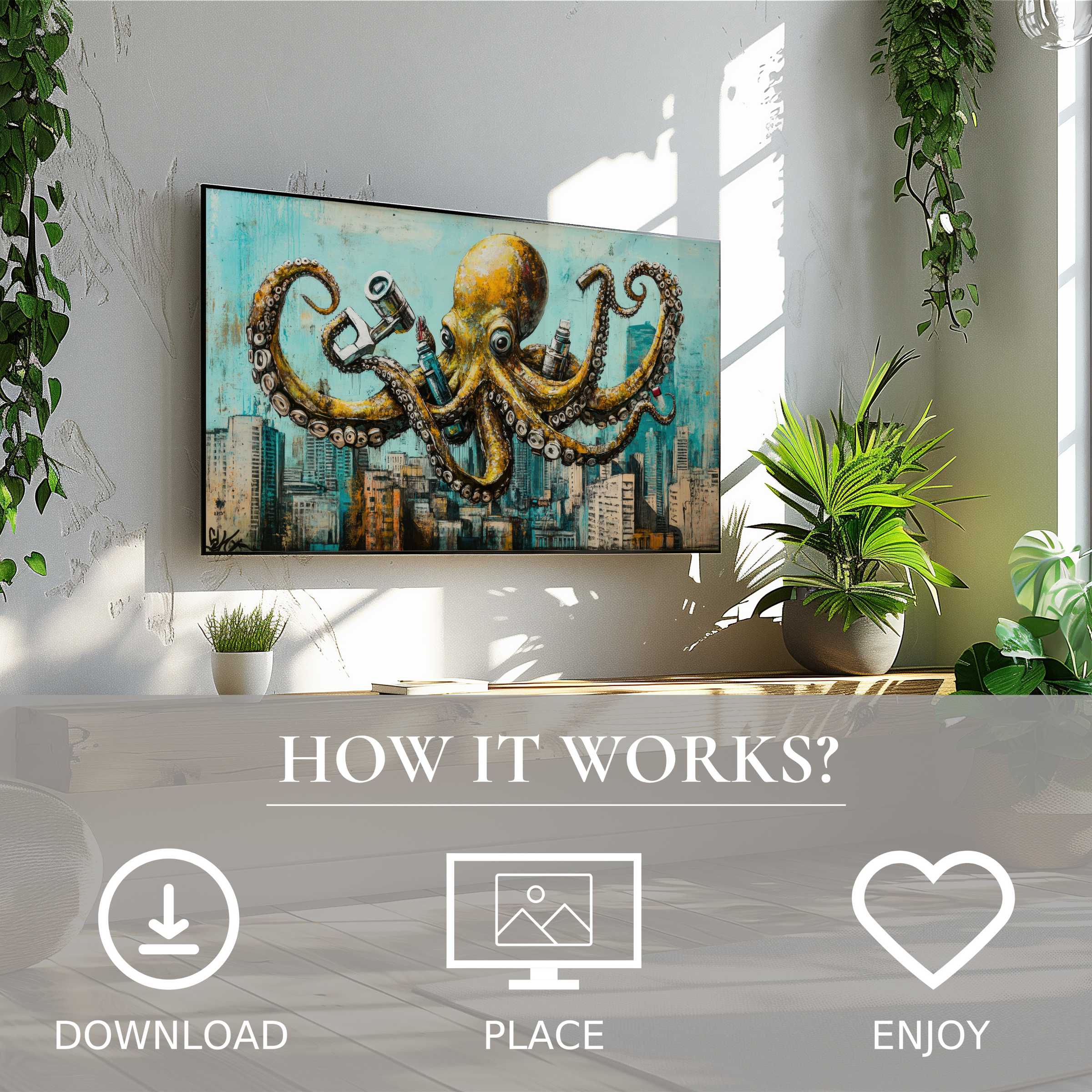 Modern living room with vibrant street art for Samsung TV; bold octopus motif enriches space via easy digital download