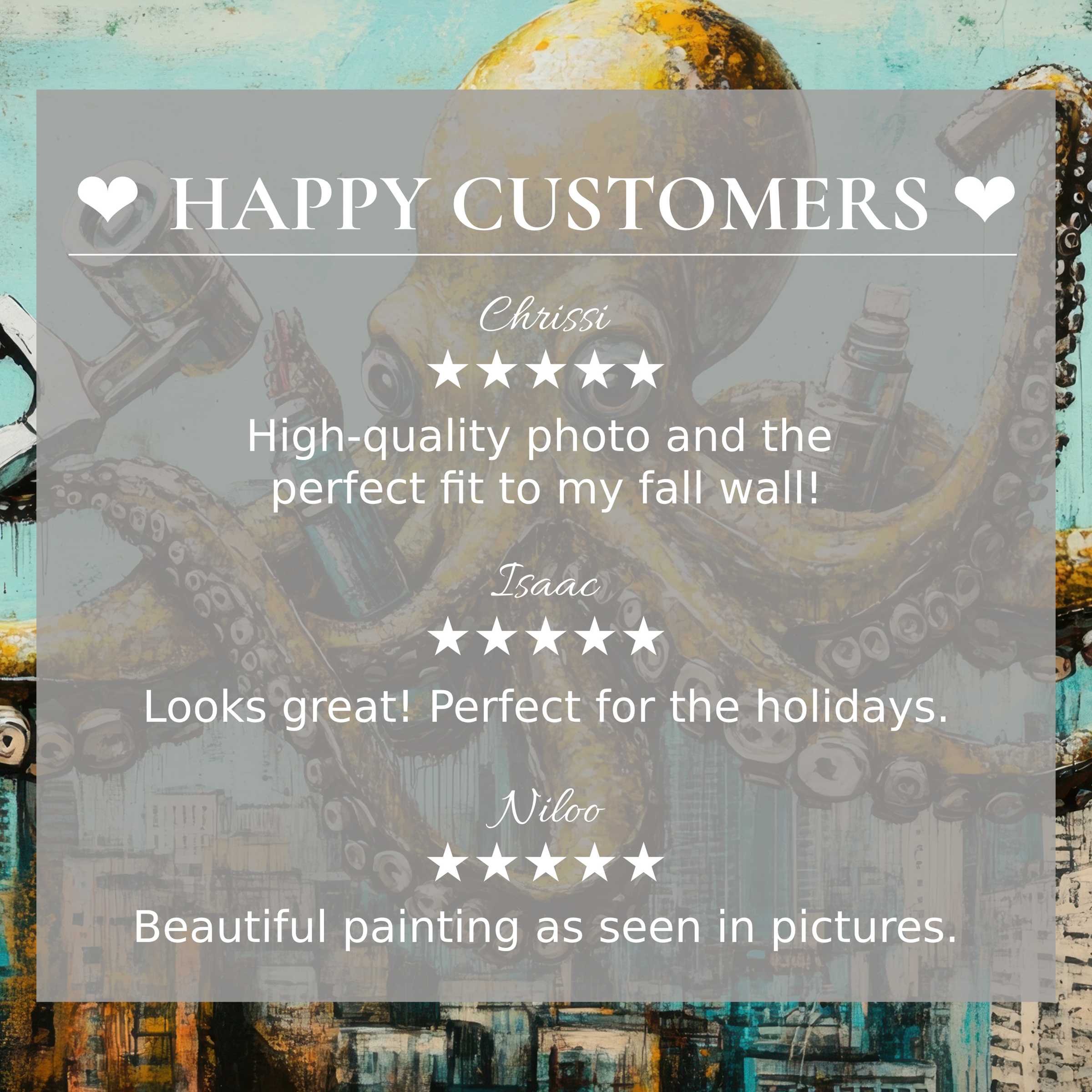 Street art for Frame TV with abstract sunset background; happy customer reviews build trust and highlight elegance