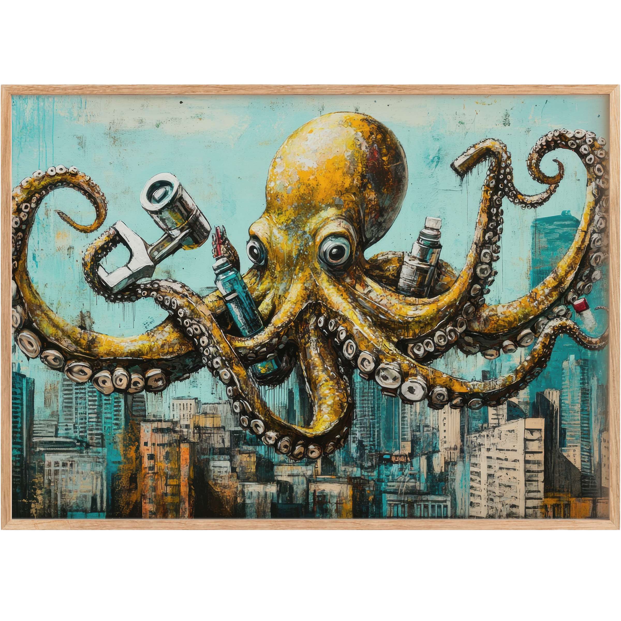 Bold street art printable wall art featuring a dynamic yellow octopus wielding spray cans, infusing vibrant turquoise and amber tones for an urban, adventurous vibe