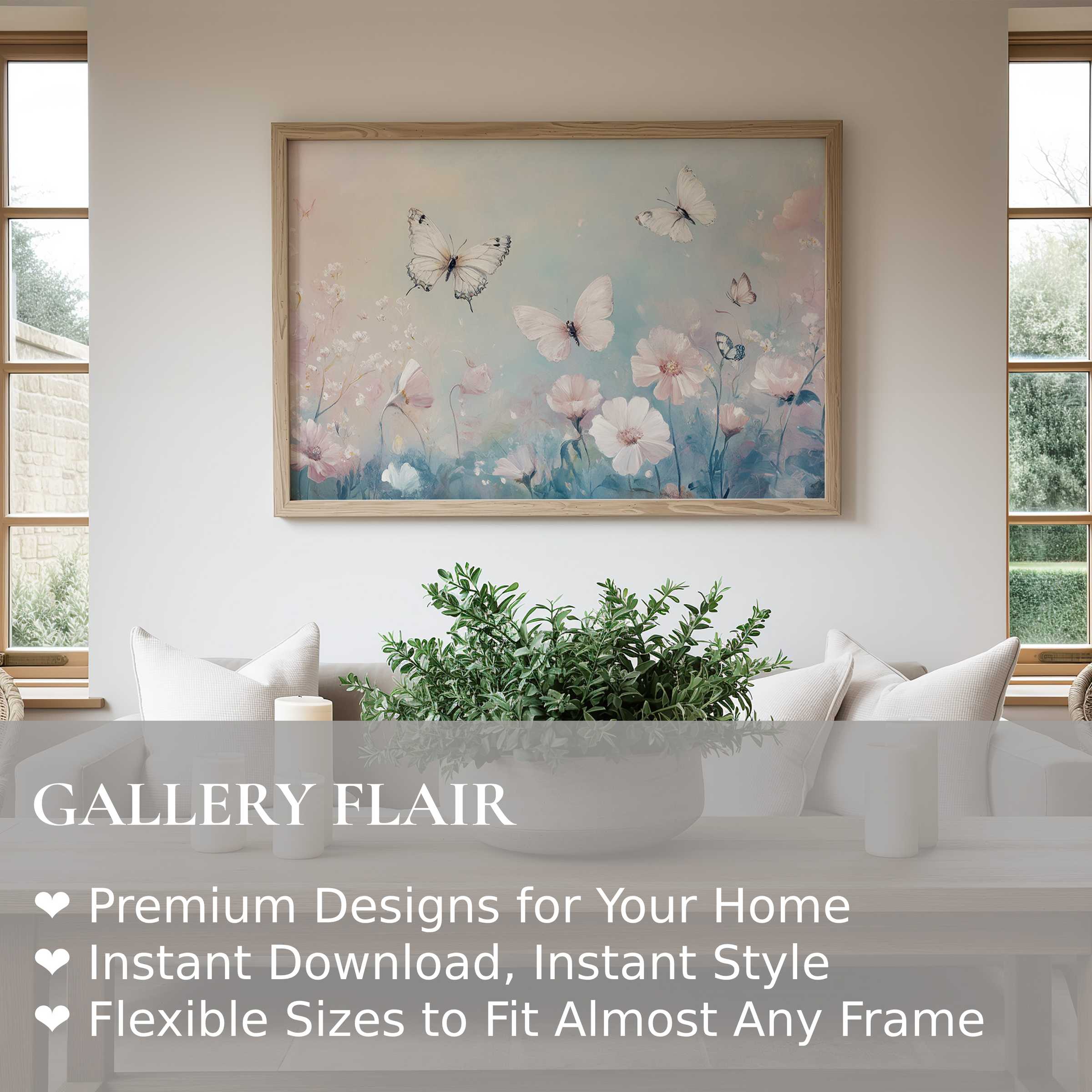 Soft pastel nursery wall art print featuring delicate butterflies and blossoms, radiating serene, calming charm in a modern, minimal living space