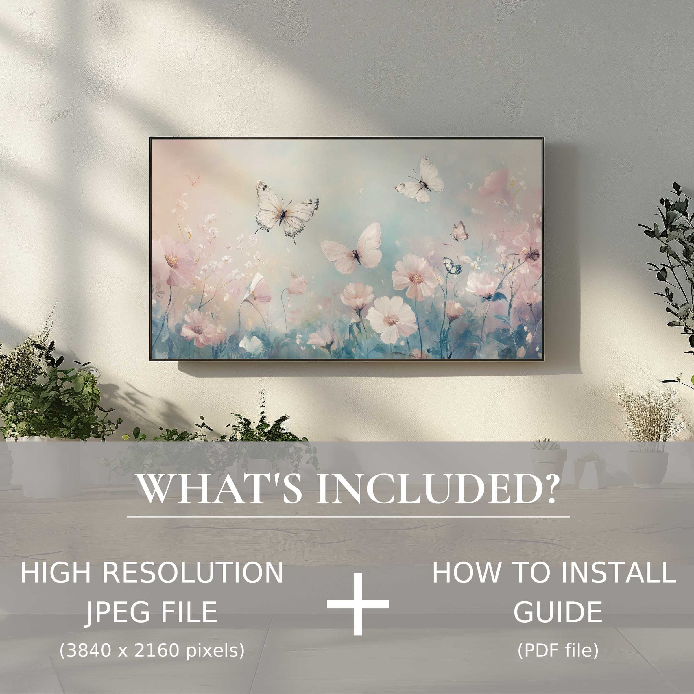 Elegant nursery digital TV art download with butterflies, easy digital use enhancing serene, stylish living spaces