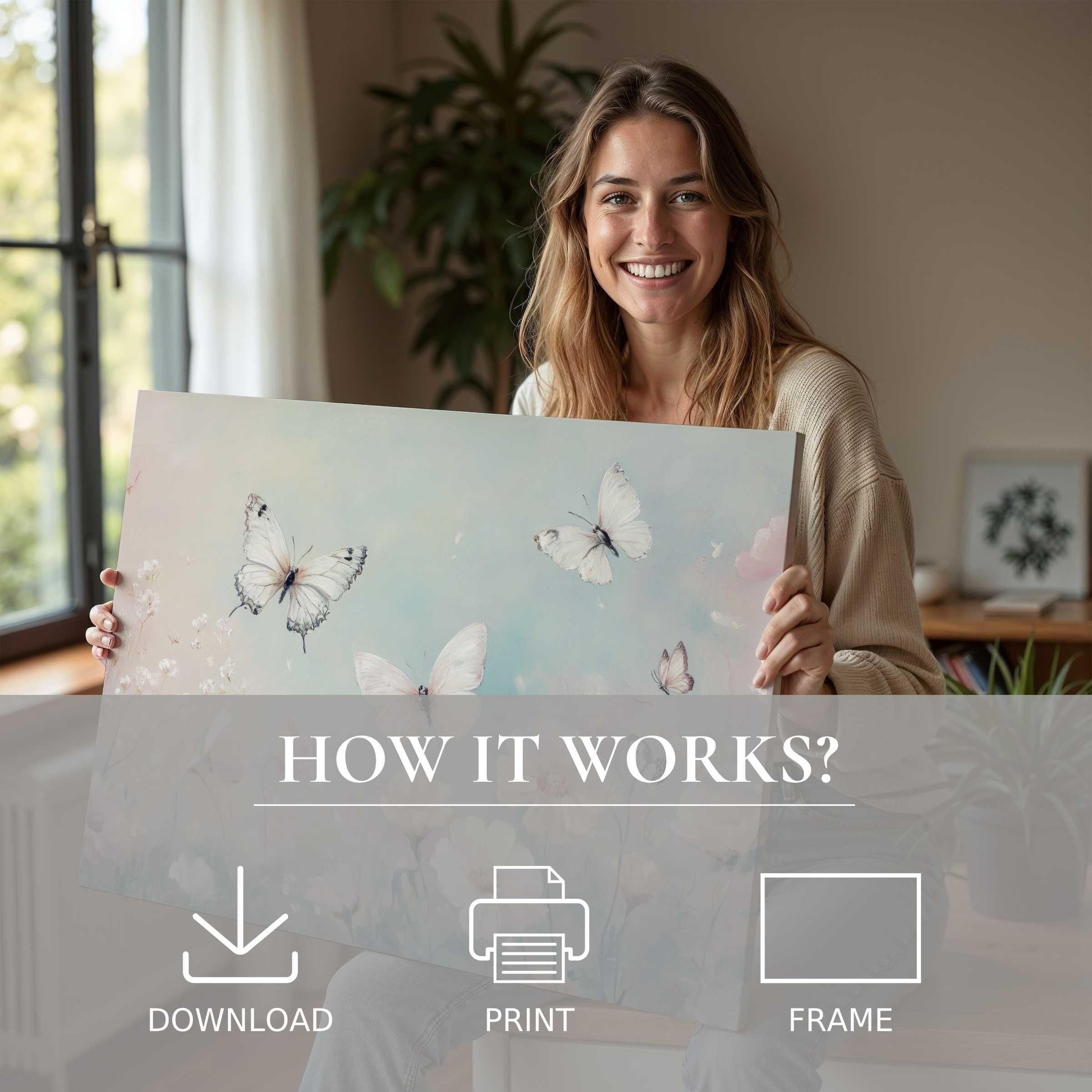 Joyful connection radiates as a woman embraces serene nursery digital art print, transforming modern spaces with ease and grace