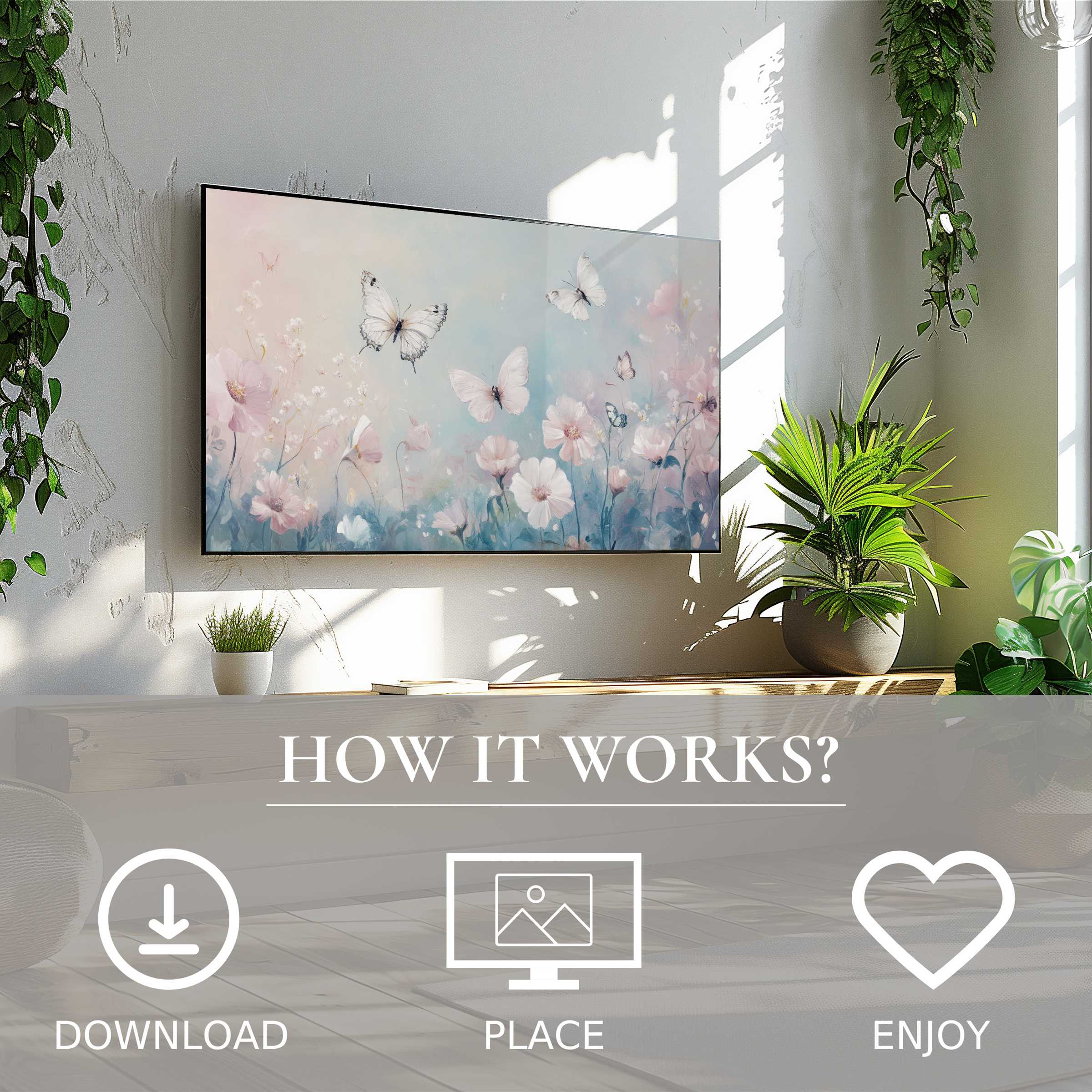 Nursery art for Samsung TV with soft pastel butterfly motif, easy digital download enriches modern living spaces