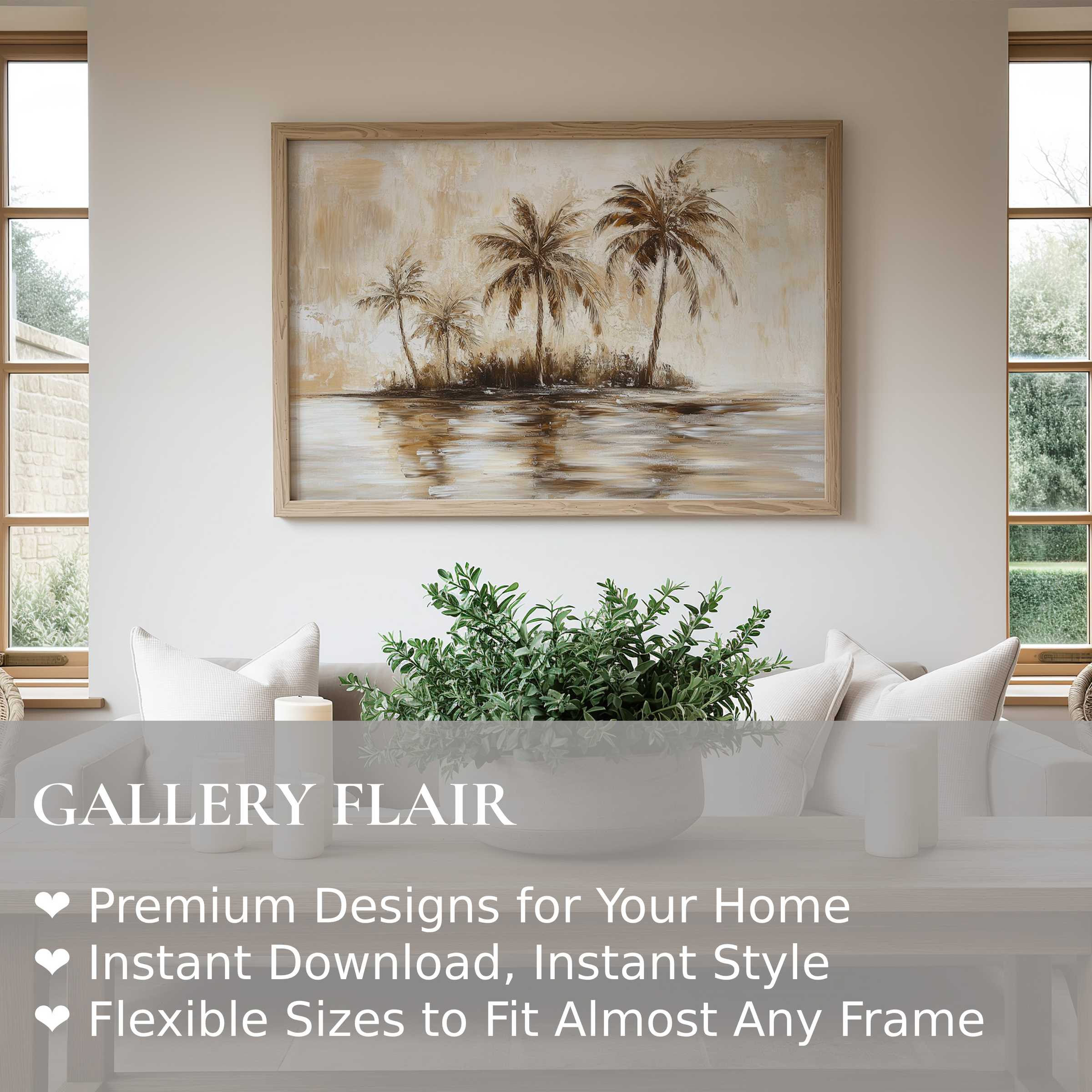 Vintage wall art print of serene palm trees in muted sepia tones evokes a calming, coastal aesthetic in a modern minimalist living room