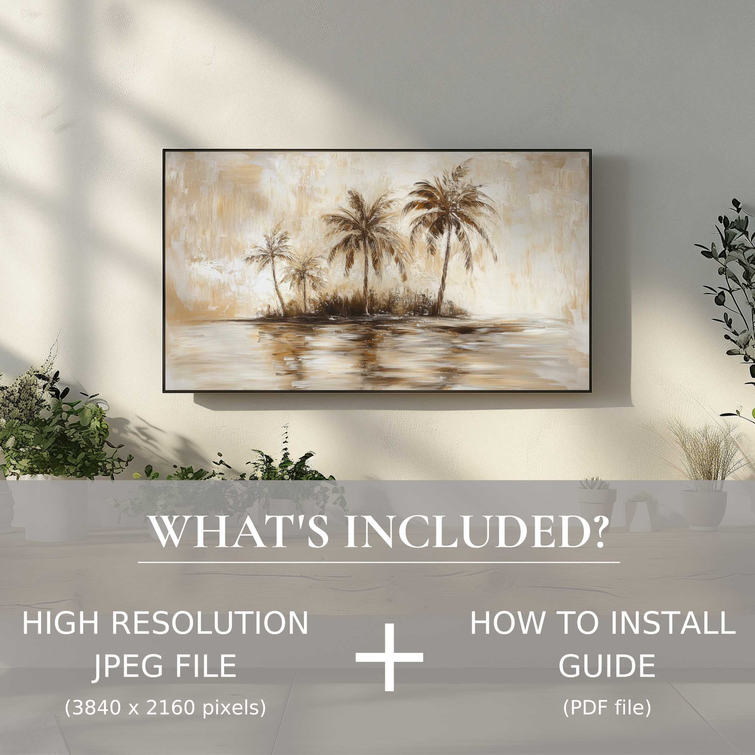 Elegant vintage digital TV art download of palm trees enhances your living space, with easy digital use and install guide