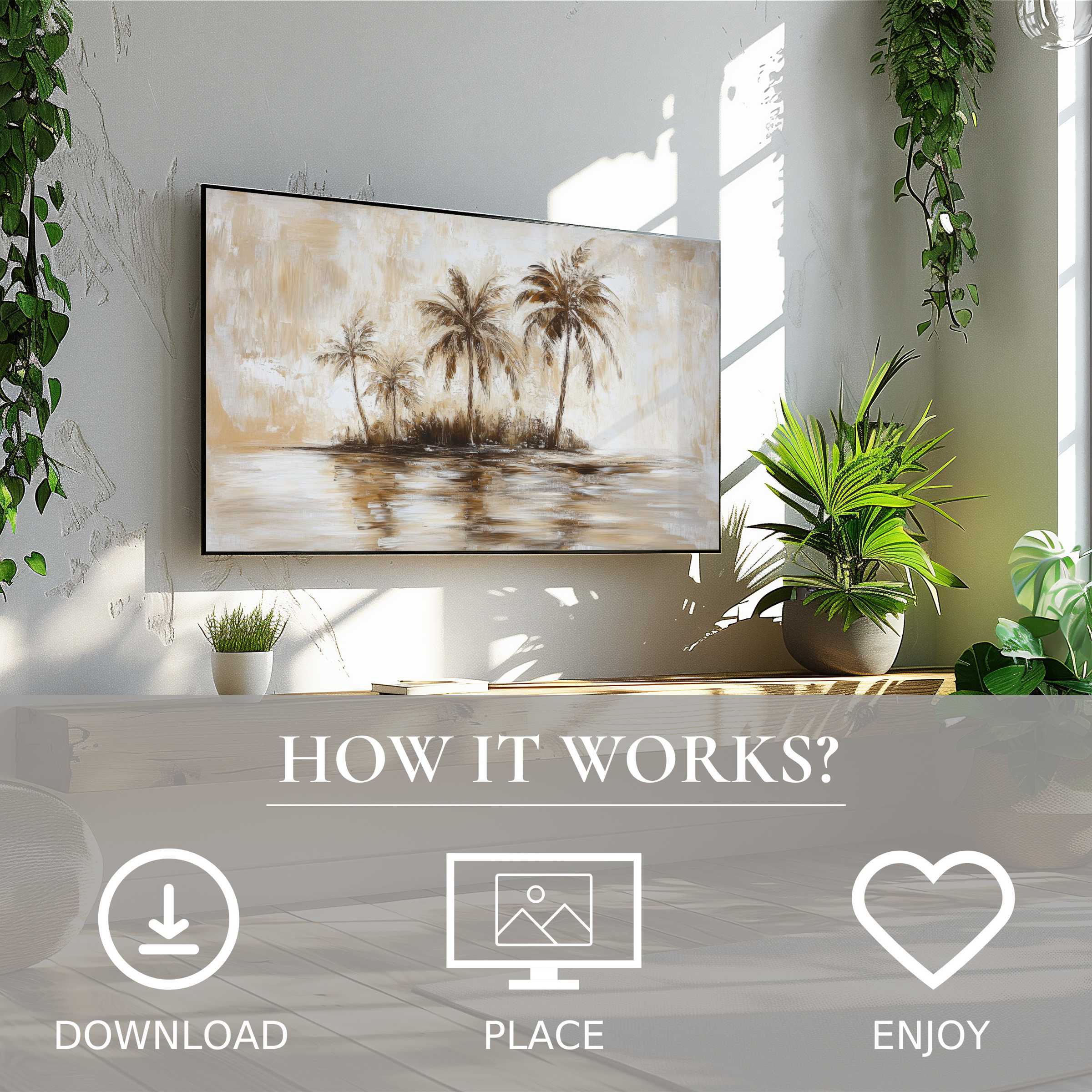 Vintage art for Samsung TV shows soft sunset tones with palm trees; easy digital download enriches your modern living space