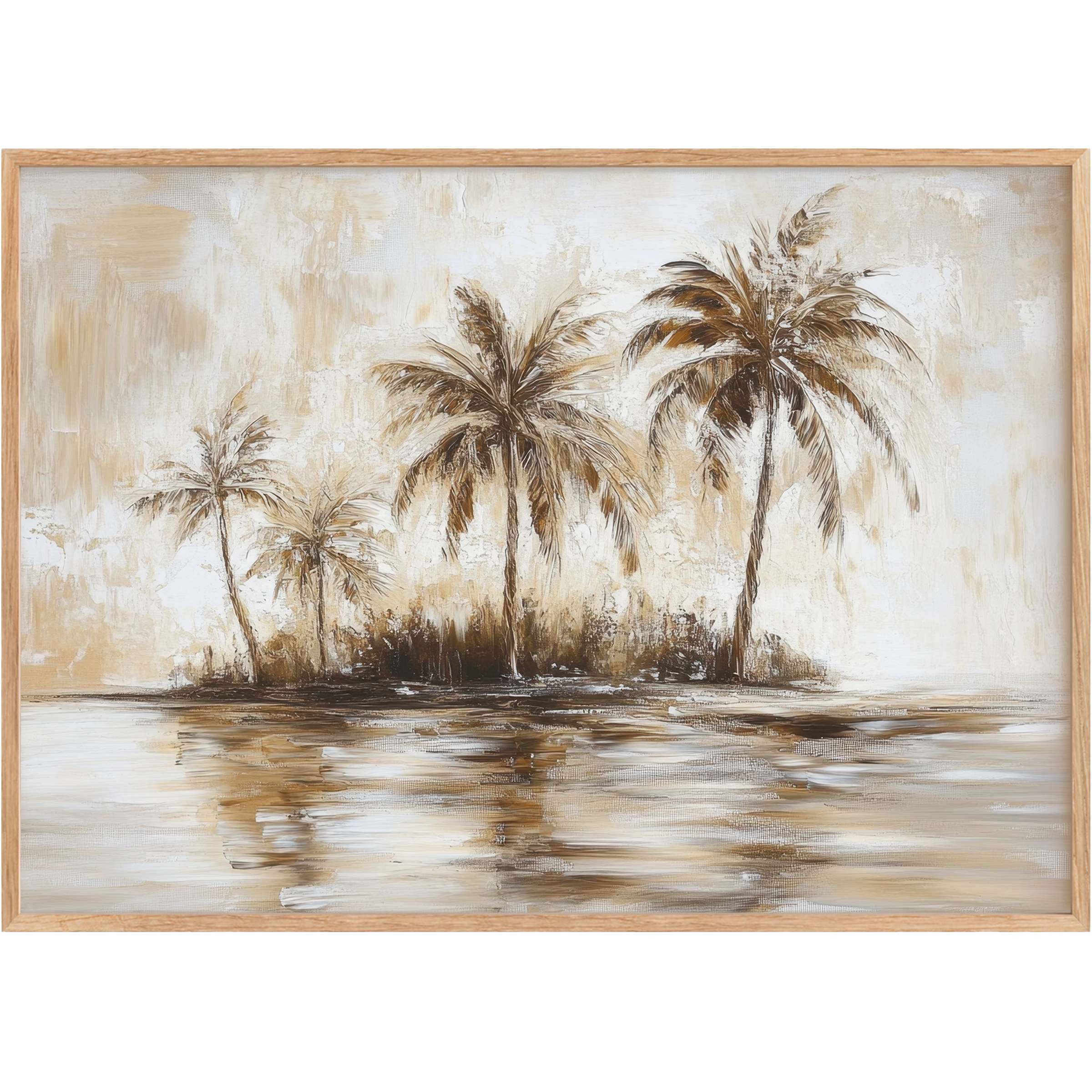 Serene vintage printable wall art featuring soft browns and creams, evoking a tranquil coastal oasis with elegant palm silhouettes